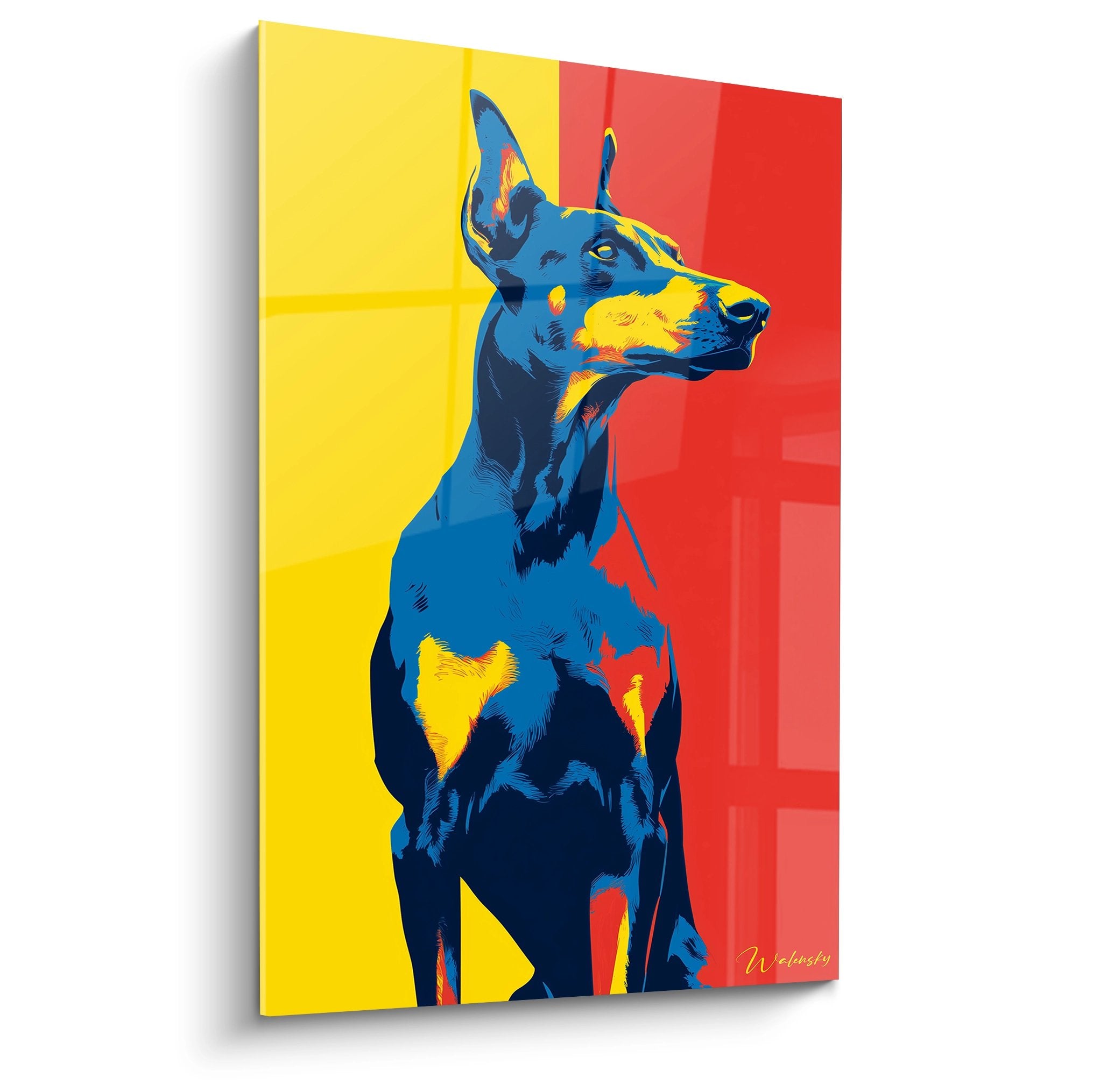 Portrait artistique de Doberman en bleu sur fond jaune et rouge, style pop art contemporain pour décoration murale