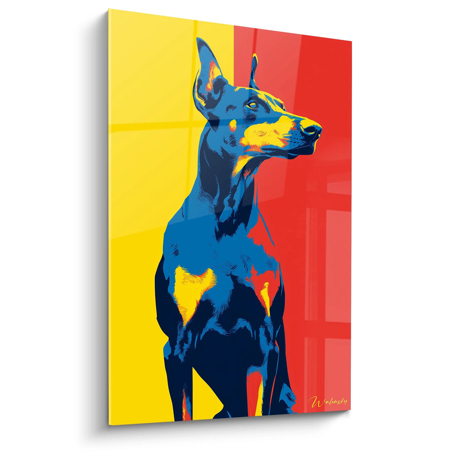 Tableau Chien Bleu aux Tons Jaune et Rouge - Portrait Contemporain - Edition Doberman