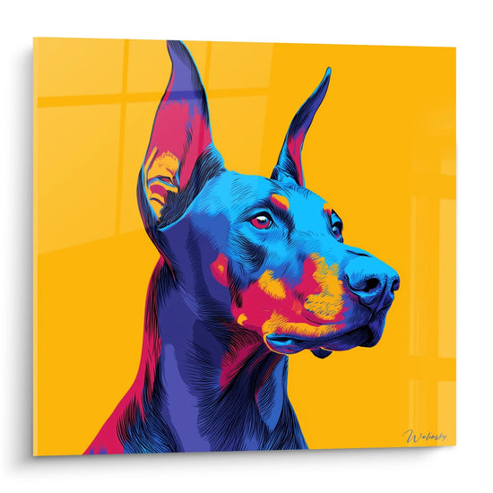 Tableau portrait Doberman bleu électrique fond jaune orange art contemporain canin coloré moderne