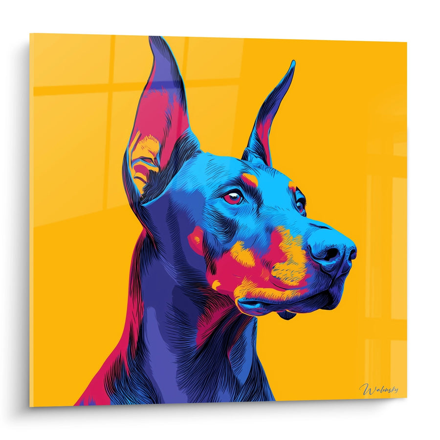 Tableau Doberman Bleu aux Reflets Colorés - Portrait Canin Contemporain - Edition Doberman