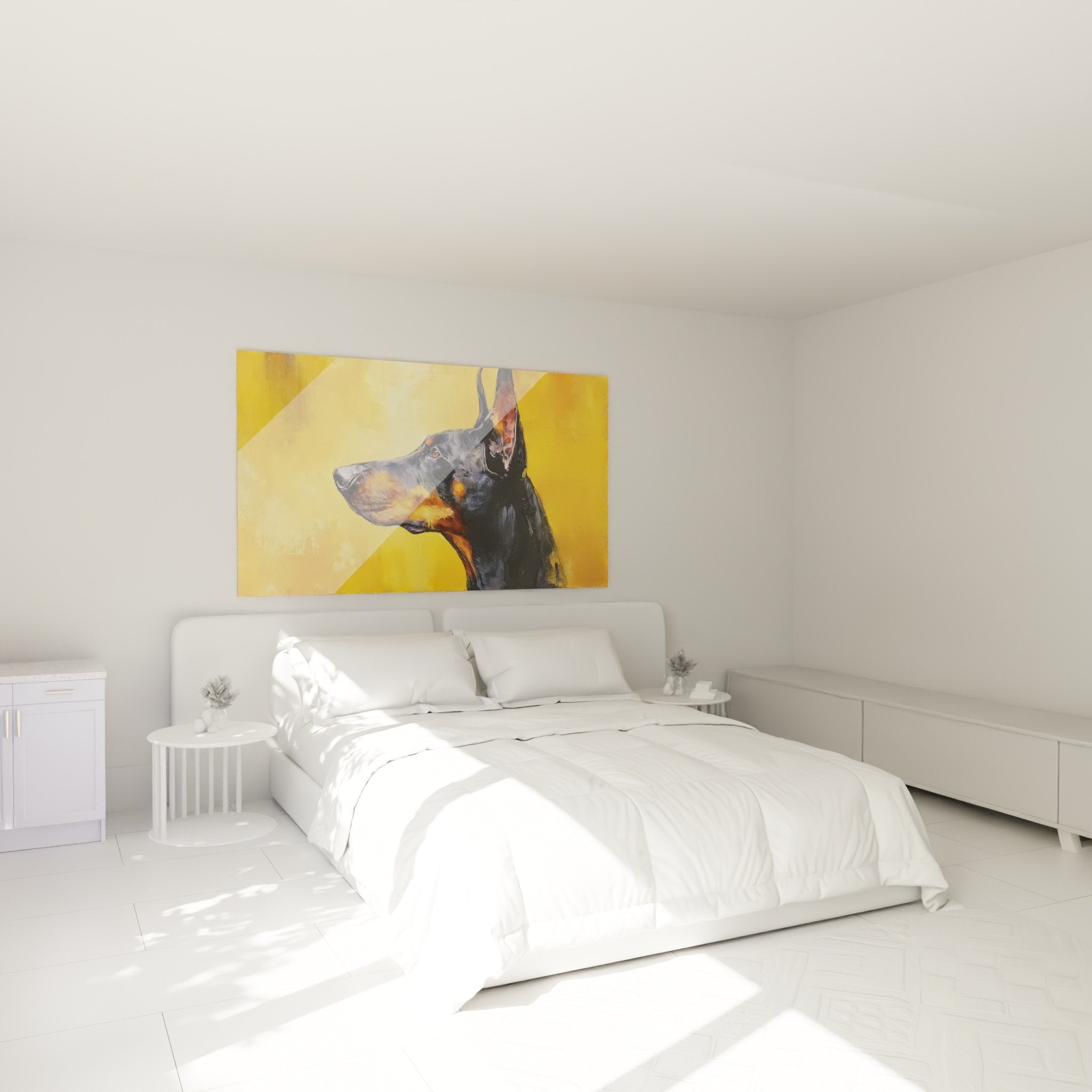 Tableau doberman portrait chambre decoration murale moderne jaune noir cuivre