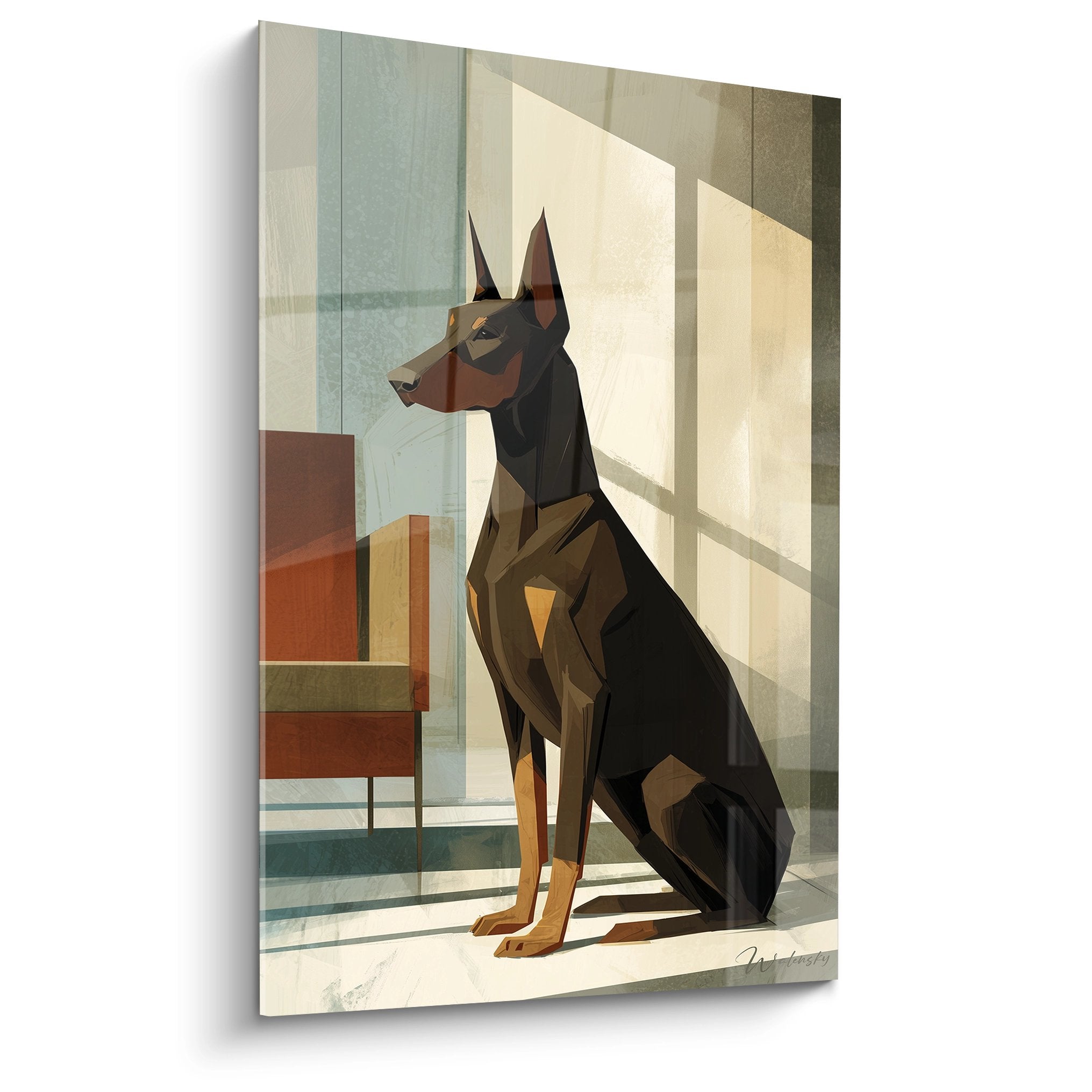 tableau moderne doberman geometrique noir et tan assis pres fenetre lumiere naturelle art contemporain canin