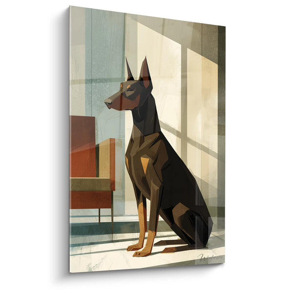 Cuadro de Perro Geométrico Negro y Beige en la Ventana - Retrato Moderno - Edición Doberman