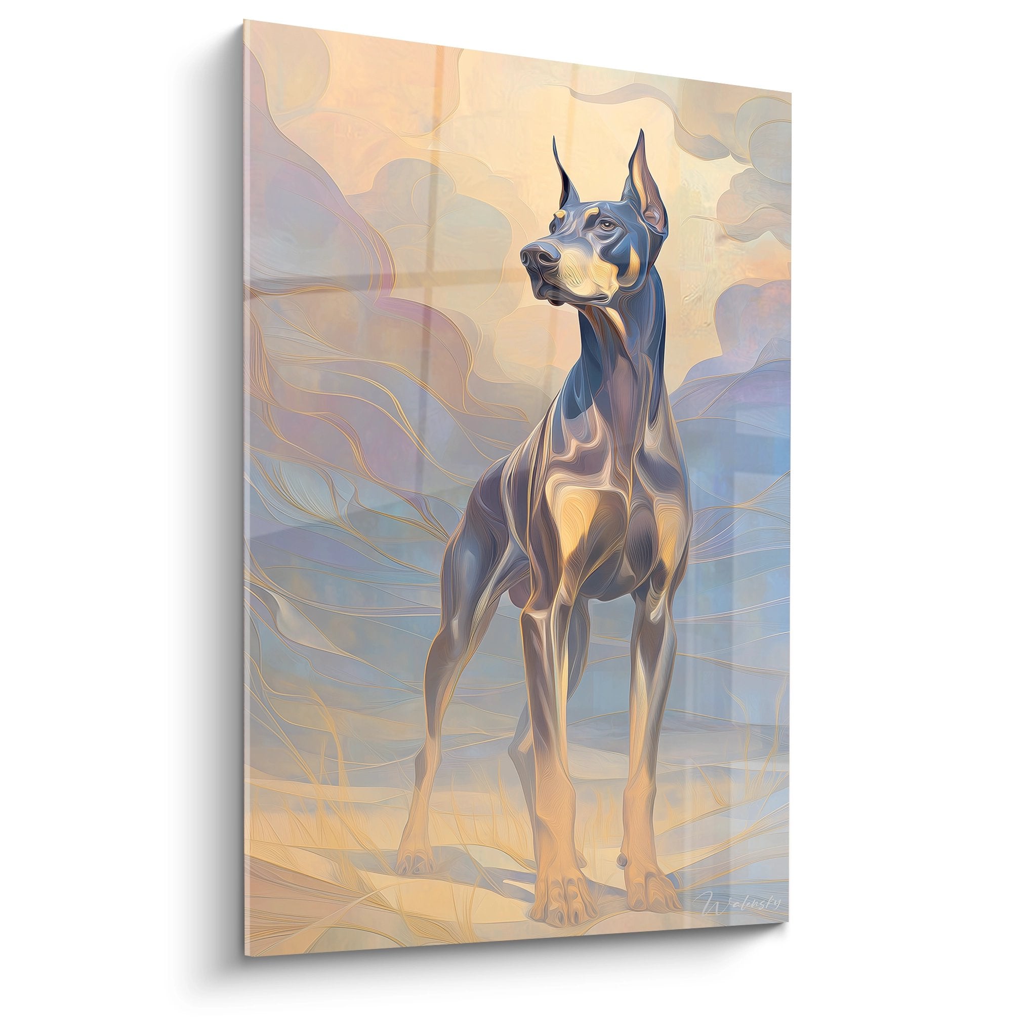 Tableau artistique Doberman majestueux tons bleu-gris et dorés style contemporain décoratif