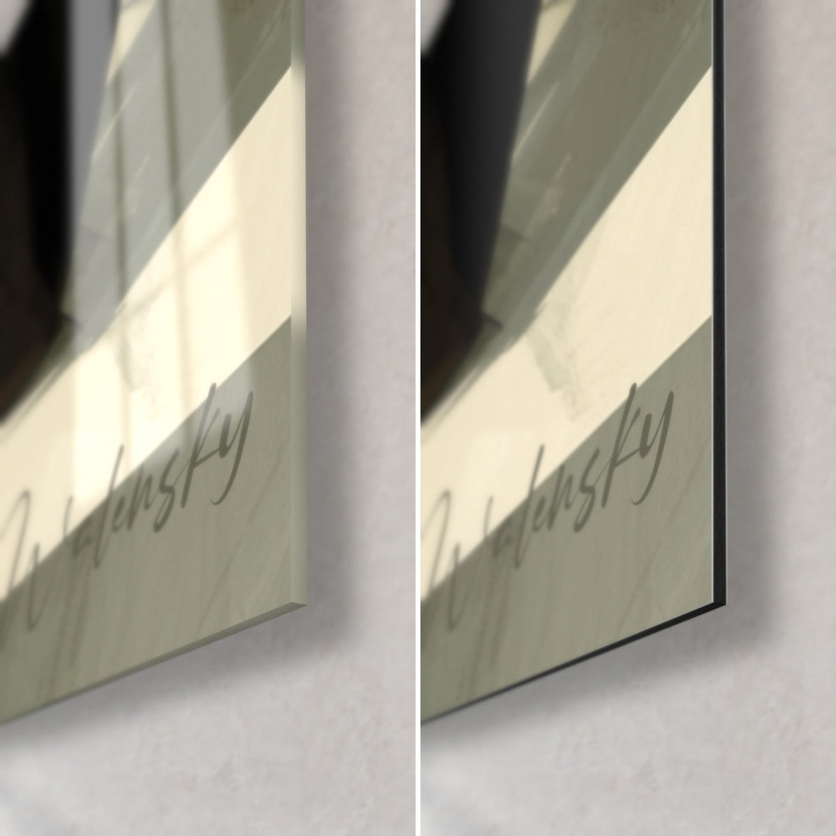 Gemälde Windhund in Schwarz und stilisiertem Feuer, untere rechte Ecke: glänzendes Acrylglas links, mattgrünes Dibond-Grau rechts, 3 mm Kante