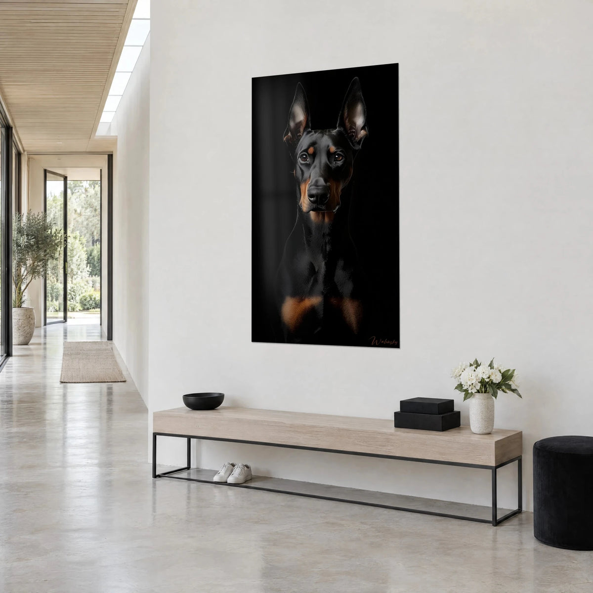 Tableau chien de race élégant, museau d'ébène et poitrail cuivré émergeant de l'ombre, vu de trois-quarts dans un couloir clair