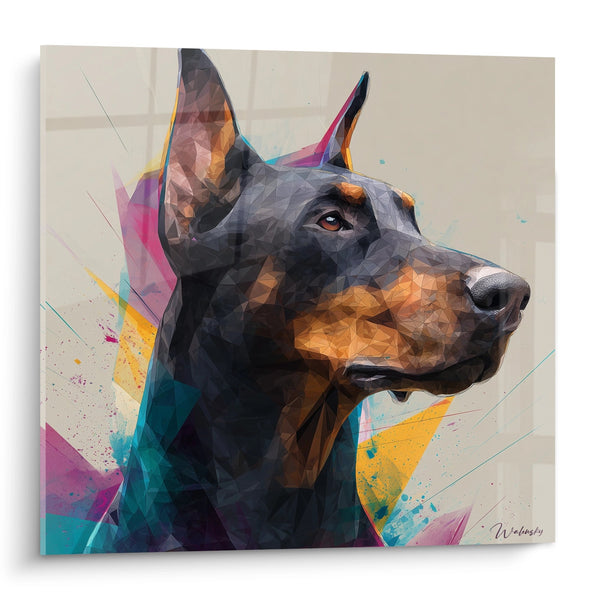Obraz Dobermana w Czerni i Ognistym Kolorze, Poligon z Barwnymi Iskrzącymi Elementami - Geometryczna Elegancja - Edycja Doberman