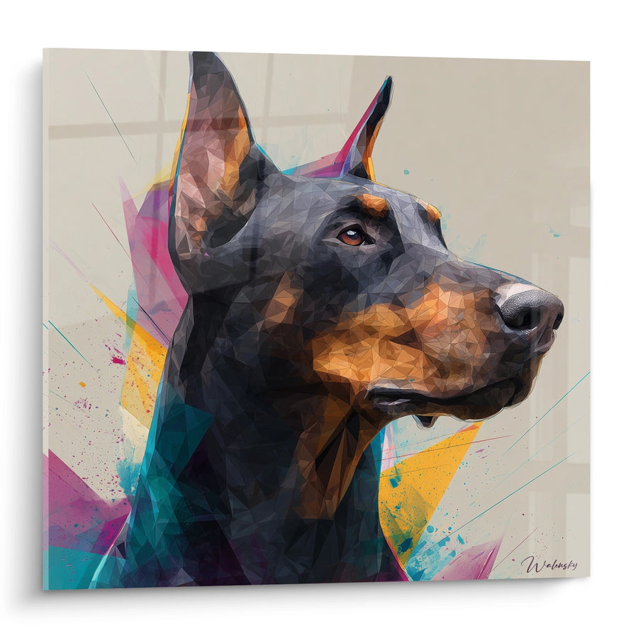 Tableau Doberman Noir et Feu Polygonal aux Éclats Colorés - Élégance Géométrique - Edition Doberman