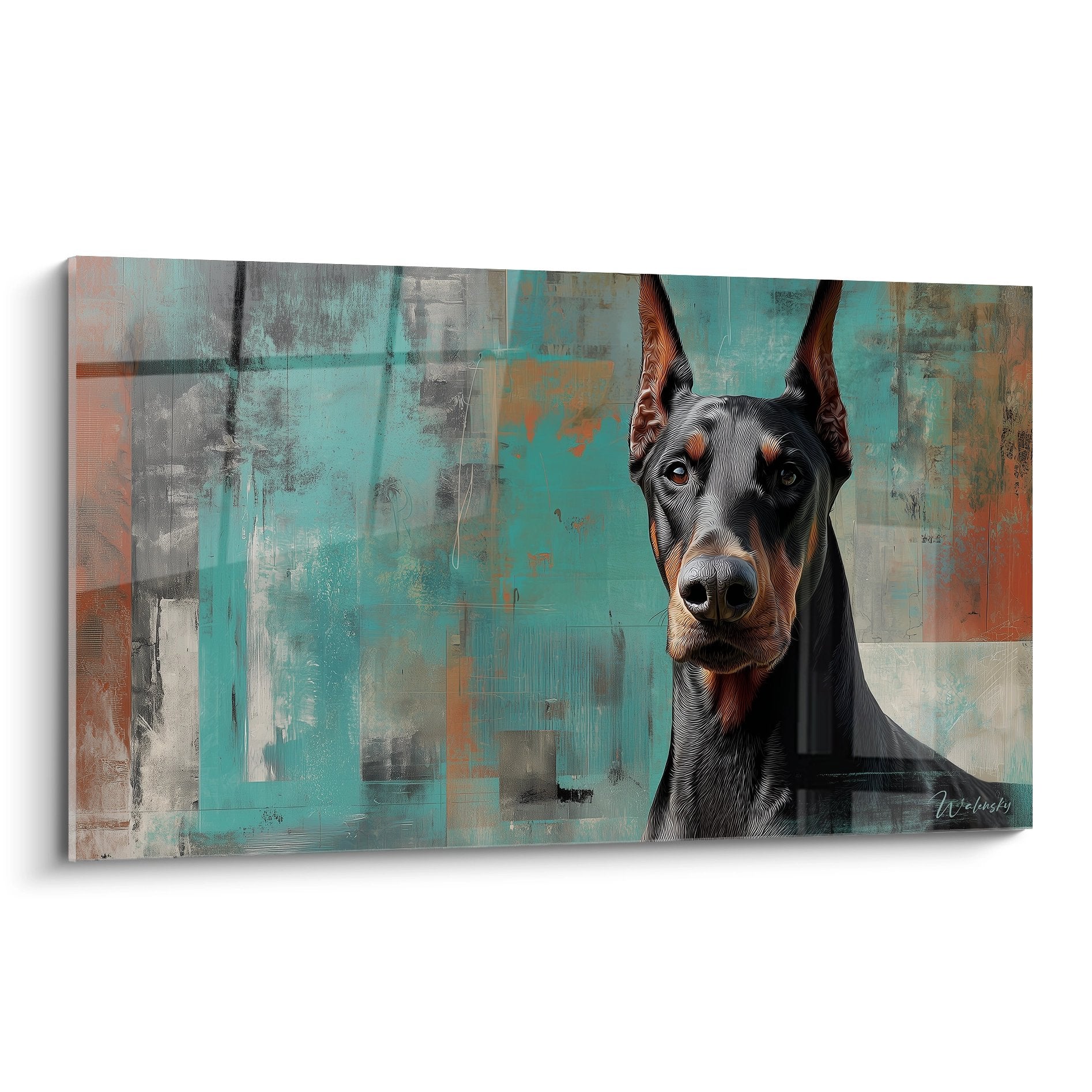 Portrait de Doberman noir et feu sur fond abstrait turquoise et cuivre, regard intense, art contemporain canin