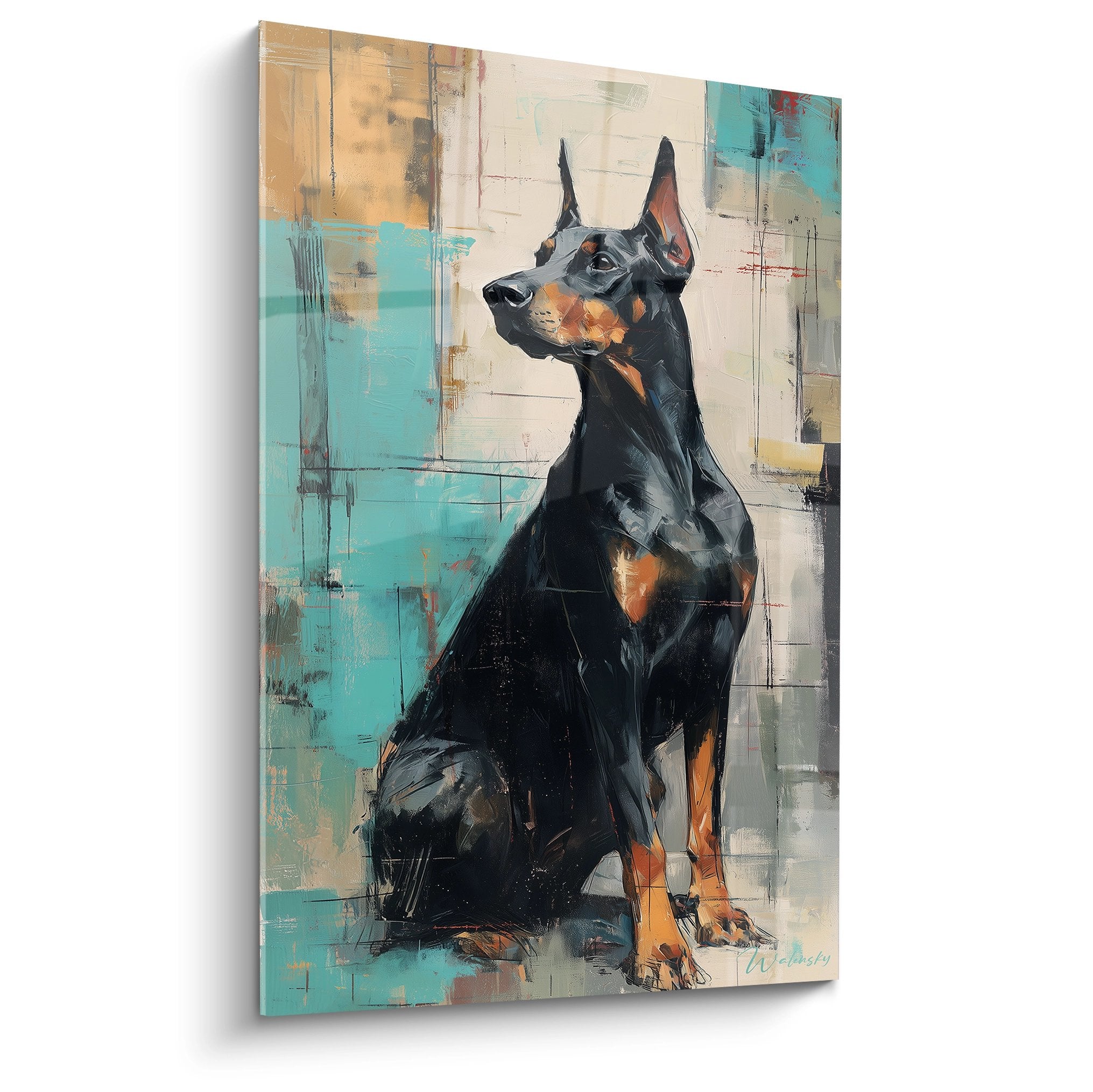 Portrait contemporain de Doberman noir et feu sur fond abstrait turquoise et beige