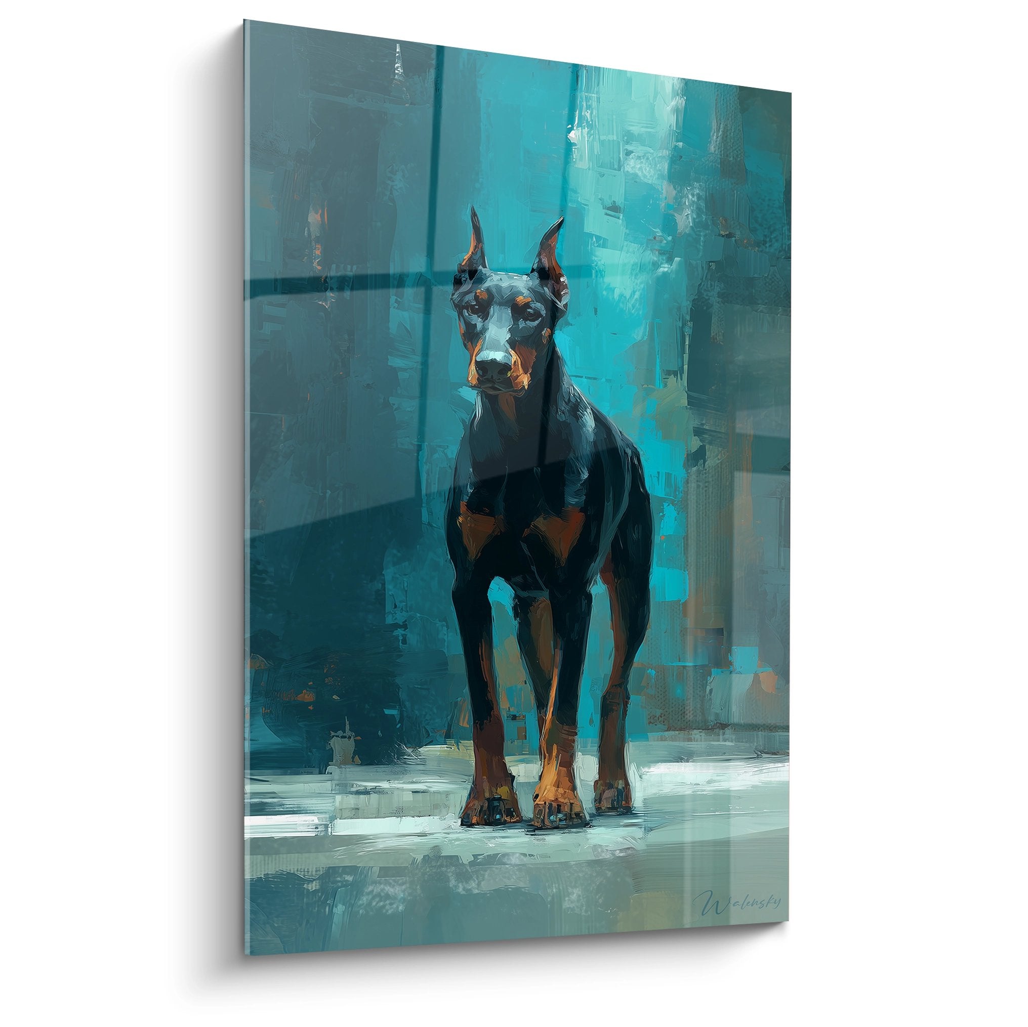 Portrait moderne de Doberman noir et roux sur fond turquoise, peinture contemporaine realiste