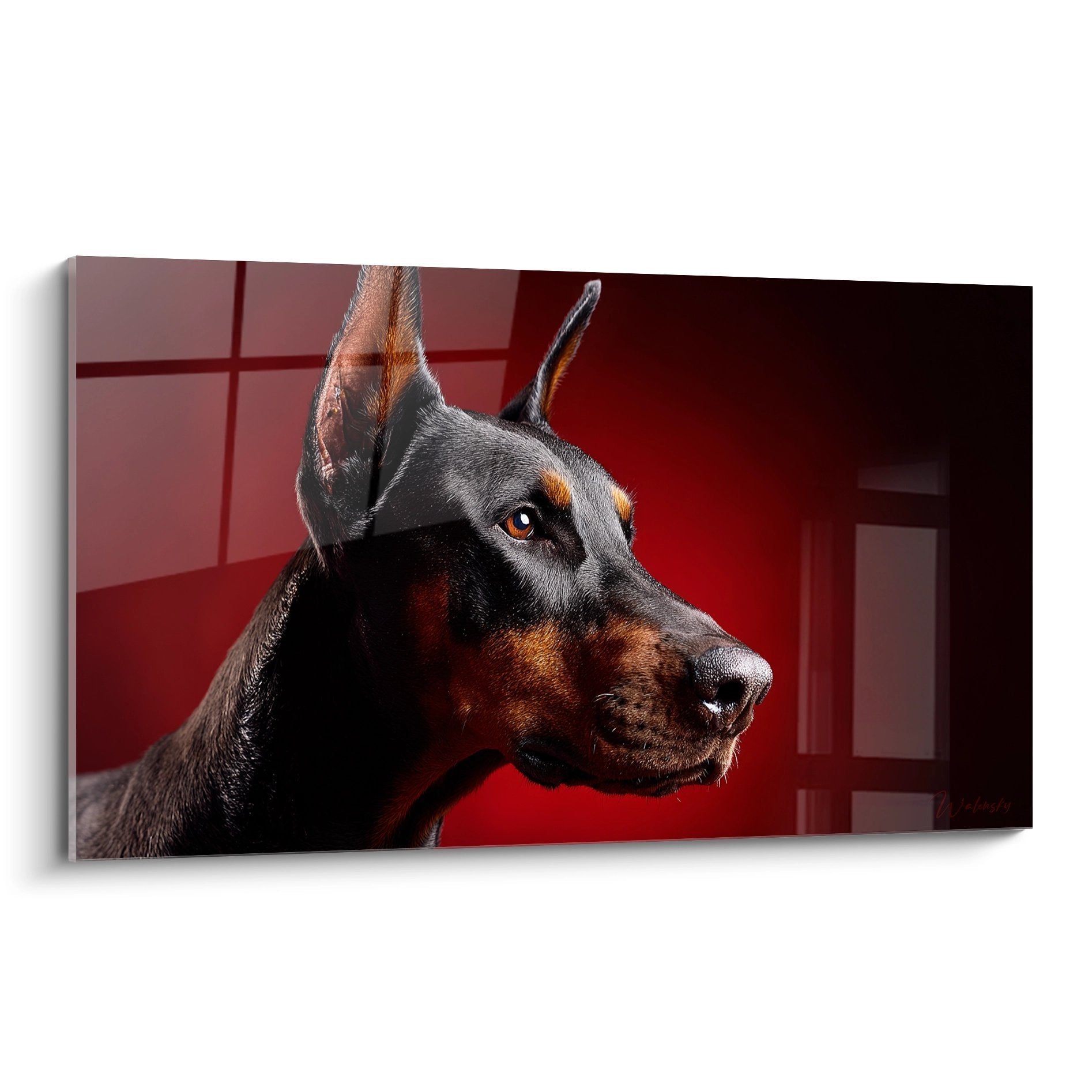 portrait doberman noir yeux ambres fond rouge tableau art canin contemporain decoration murale chien elegant