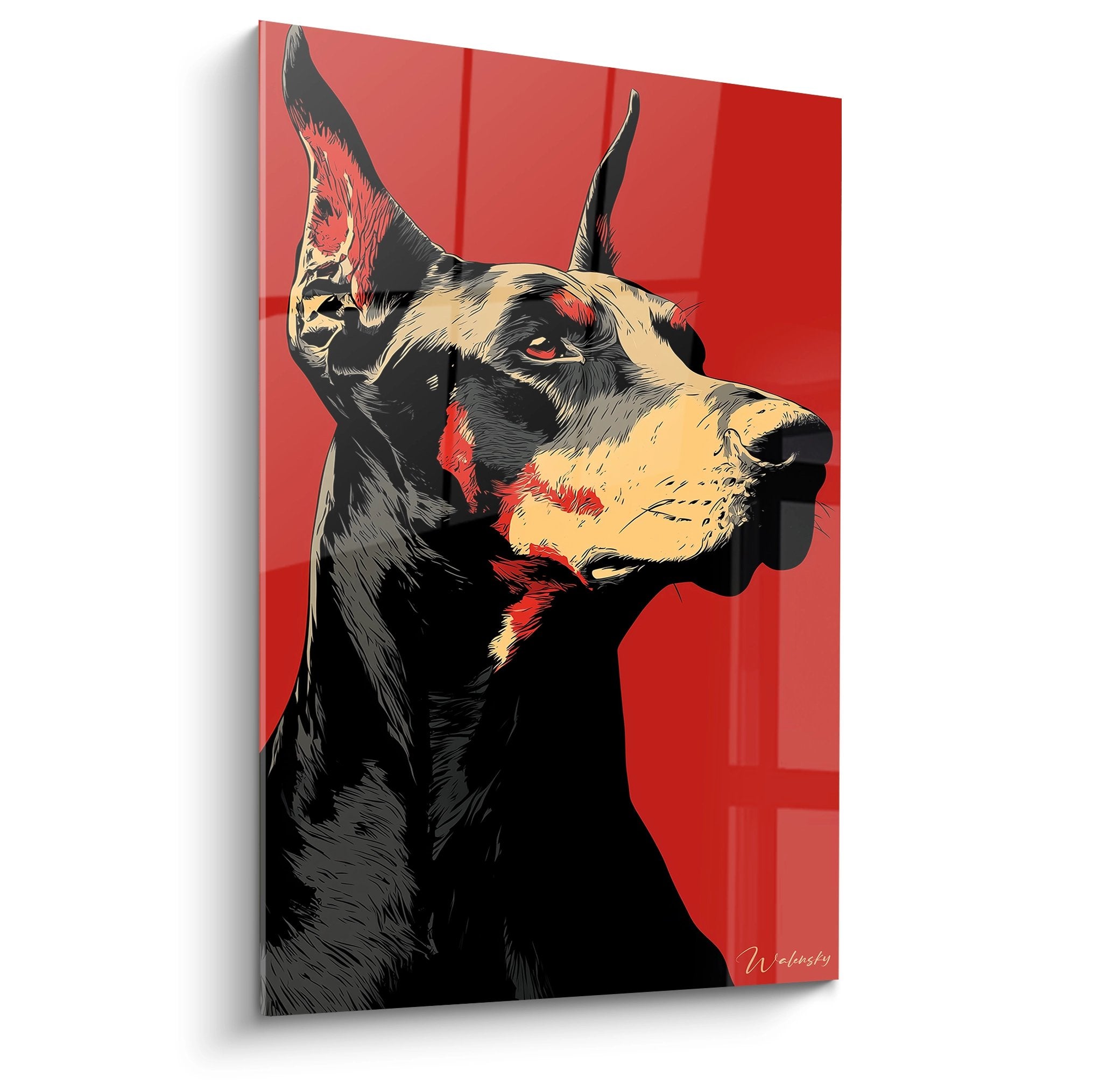 Portrait artistique de Doberman noir et feu sur fond rouge vermillon, style graphique moderne