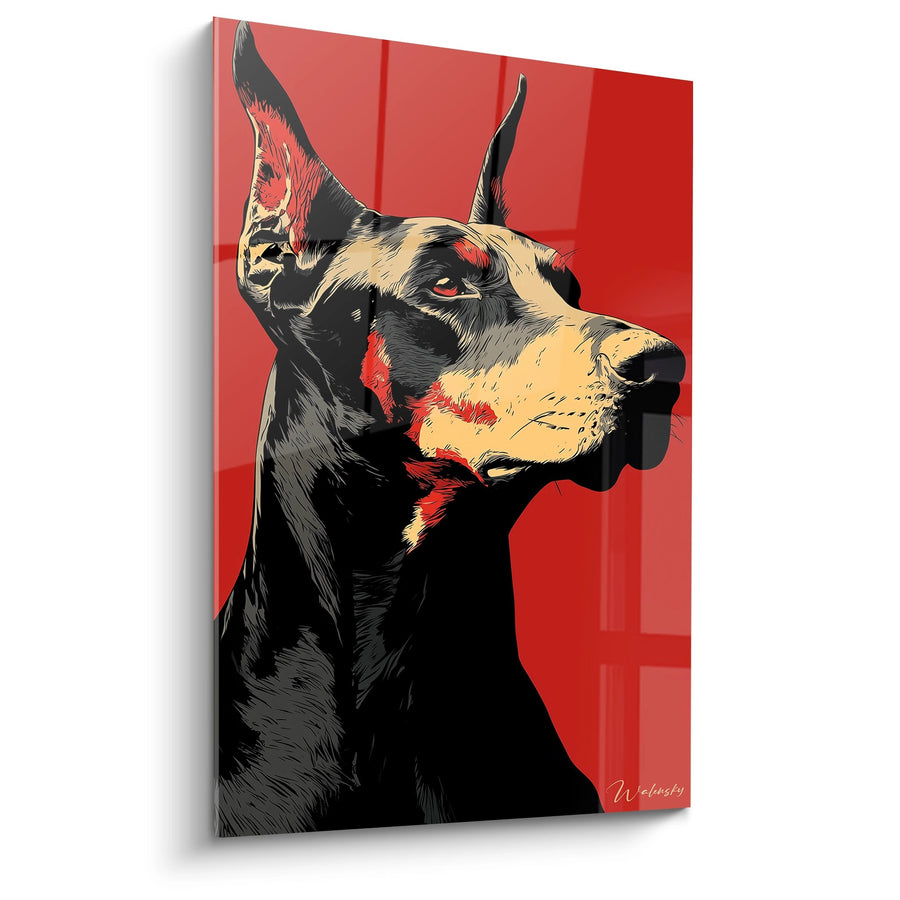 Tableau Doberman Noir et Feu sur Fond Rouge - Portrait Artistique - Edition Doberman