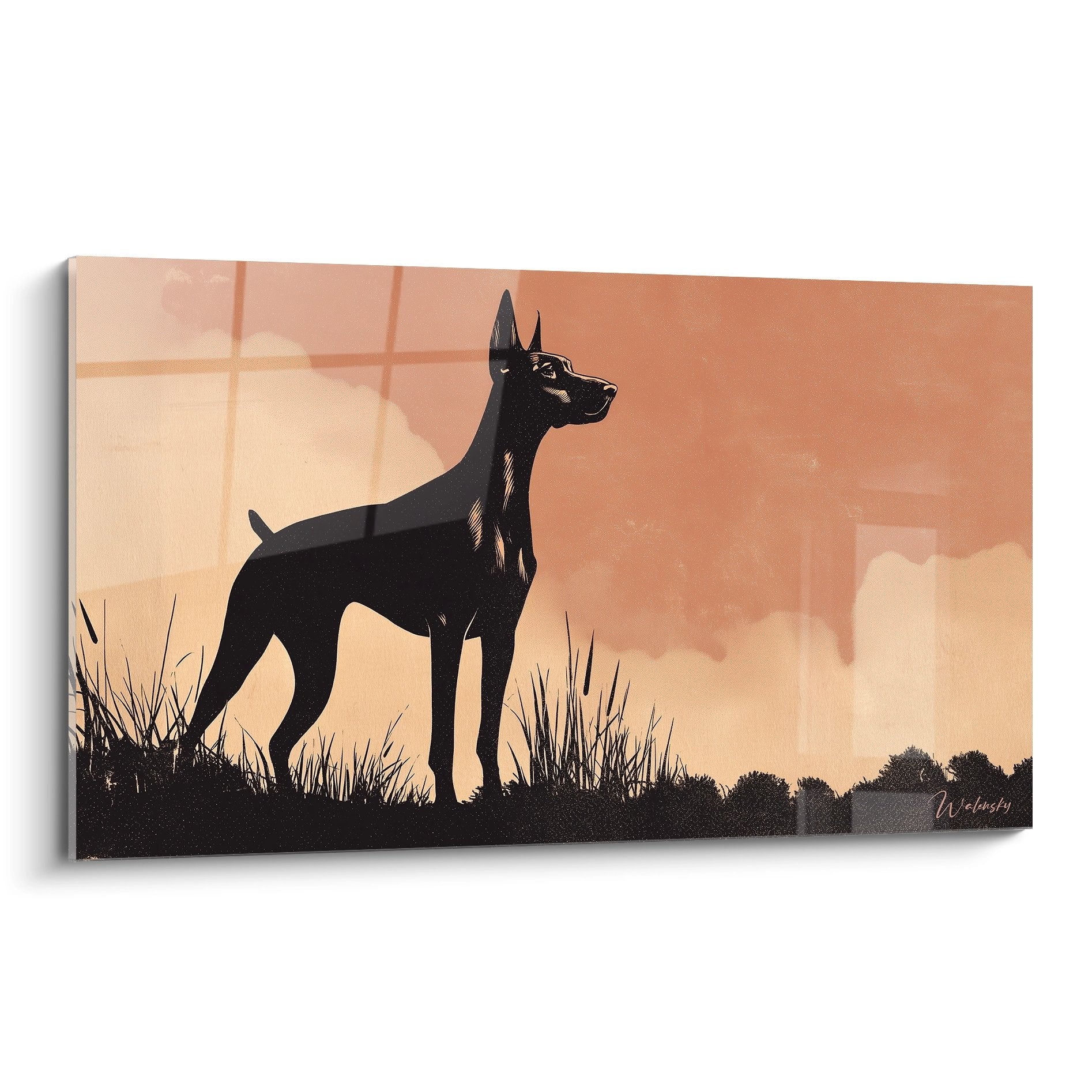 Tableau Doberman silhouette noire coucher soleil orange art canin decoration murale chien garde noble