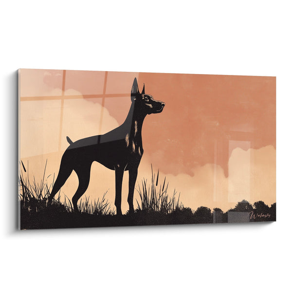 Cuadro de Doberman Negro en Silueta sobre Fondo de Atardecer - Majestad Canina - Edición Doberman