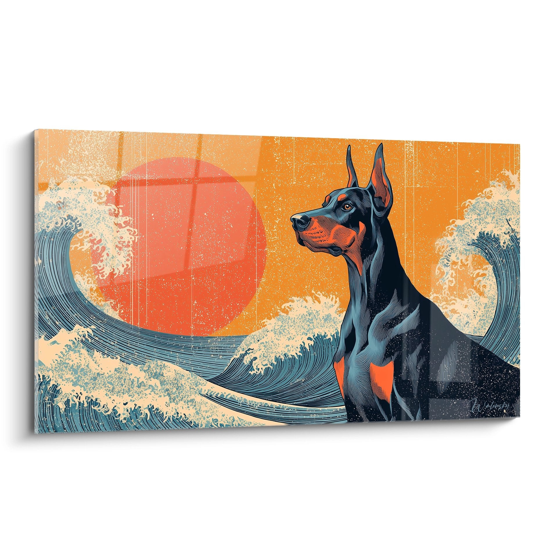 Tableau doberman noir sur fond vagues japonaises orange et coucher soleil style ukiyo-e moderne