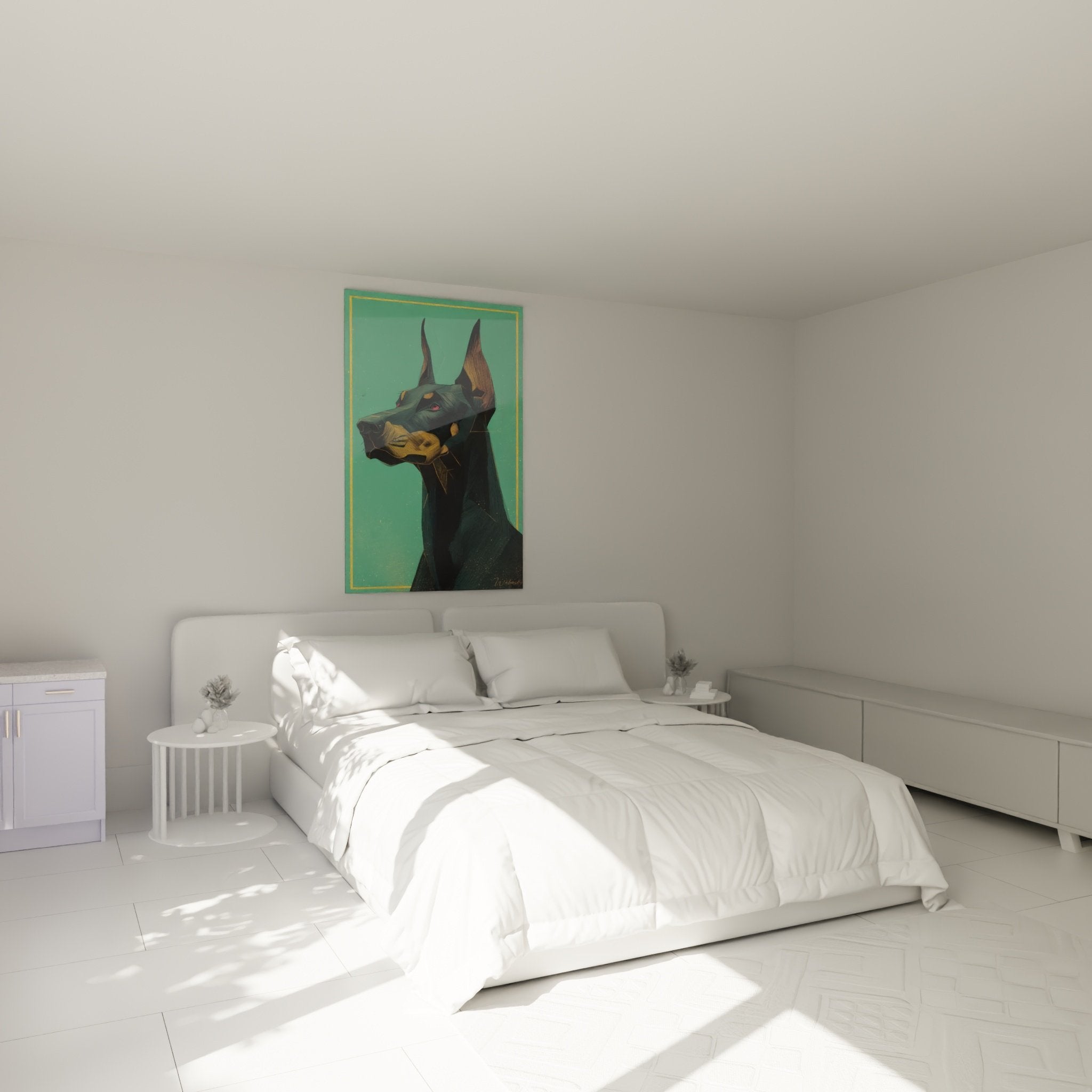 Tableau doberman geometrique vert dans chambre moderne decoration murale contemporaine
