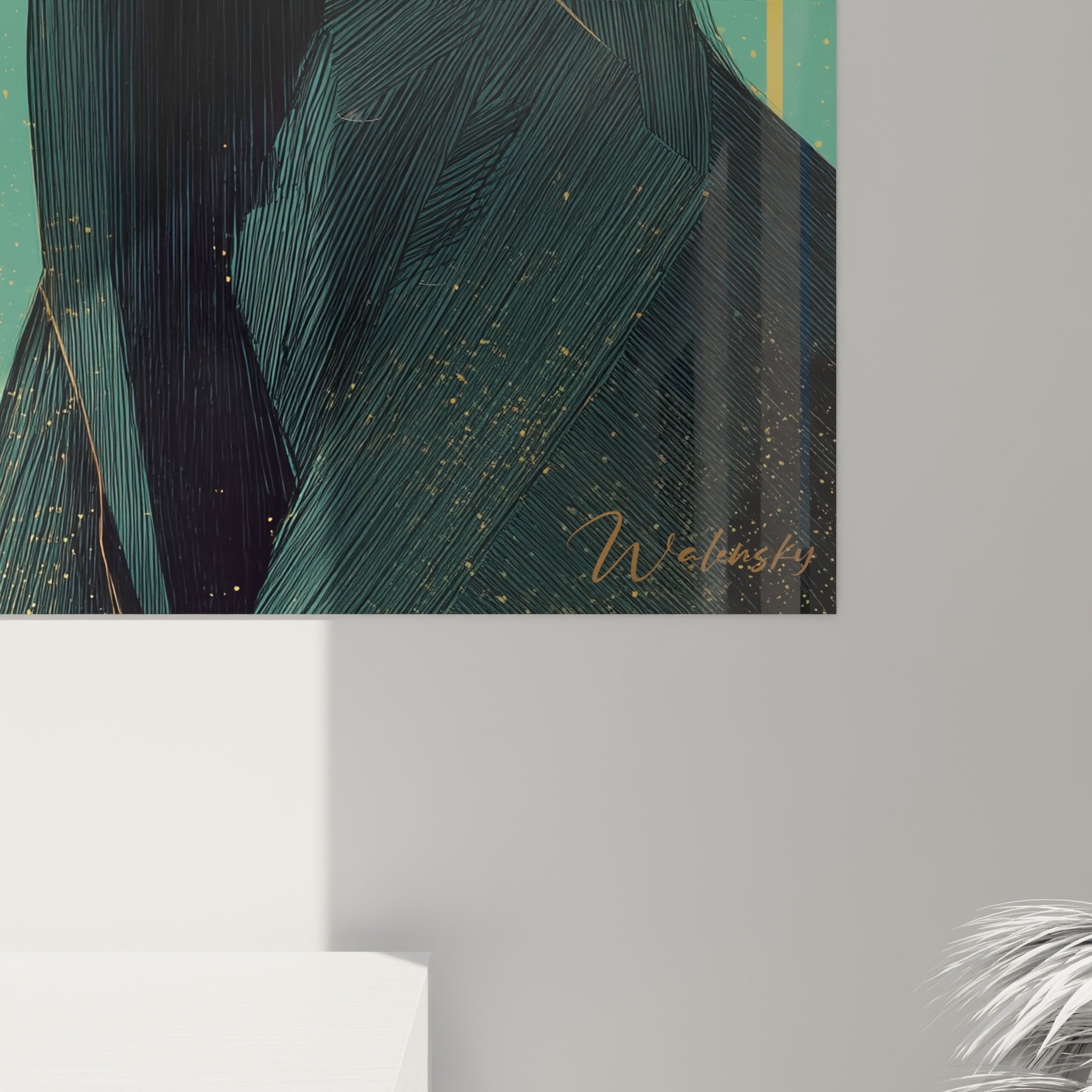 Vue ensemble tableau doberman geometrique vert decoration interieur moderne salon