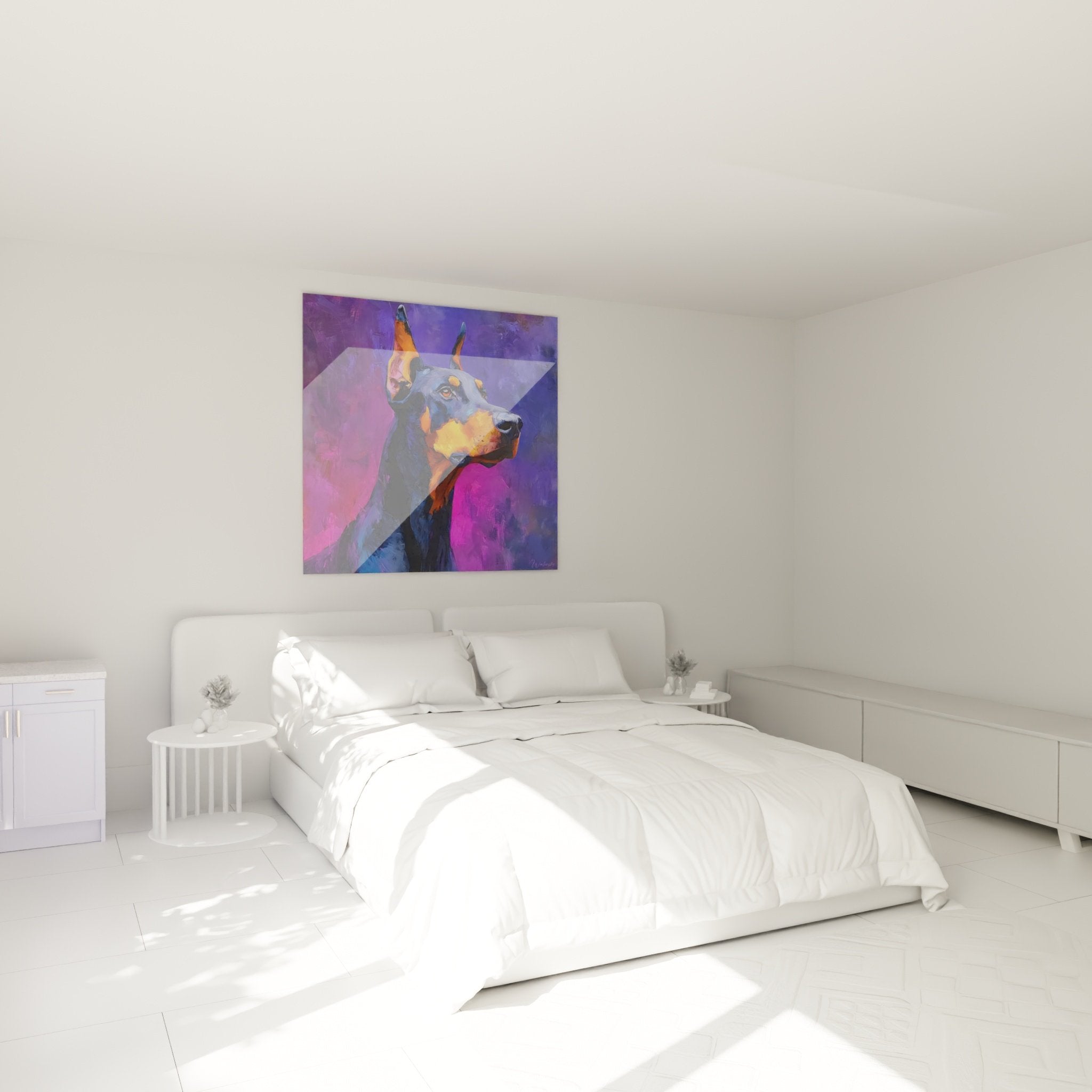 Quadro doberman viola arancione decorazione camera moderna muro grigio atmosfera artistica contemporanea