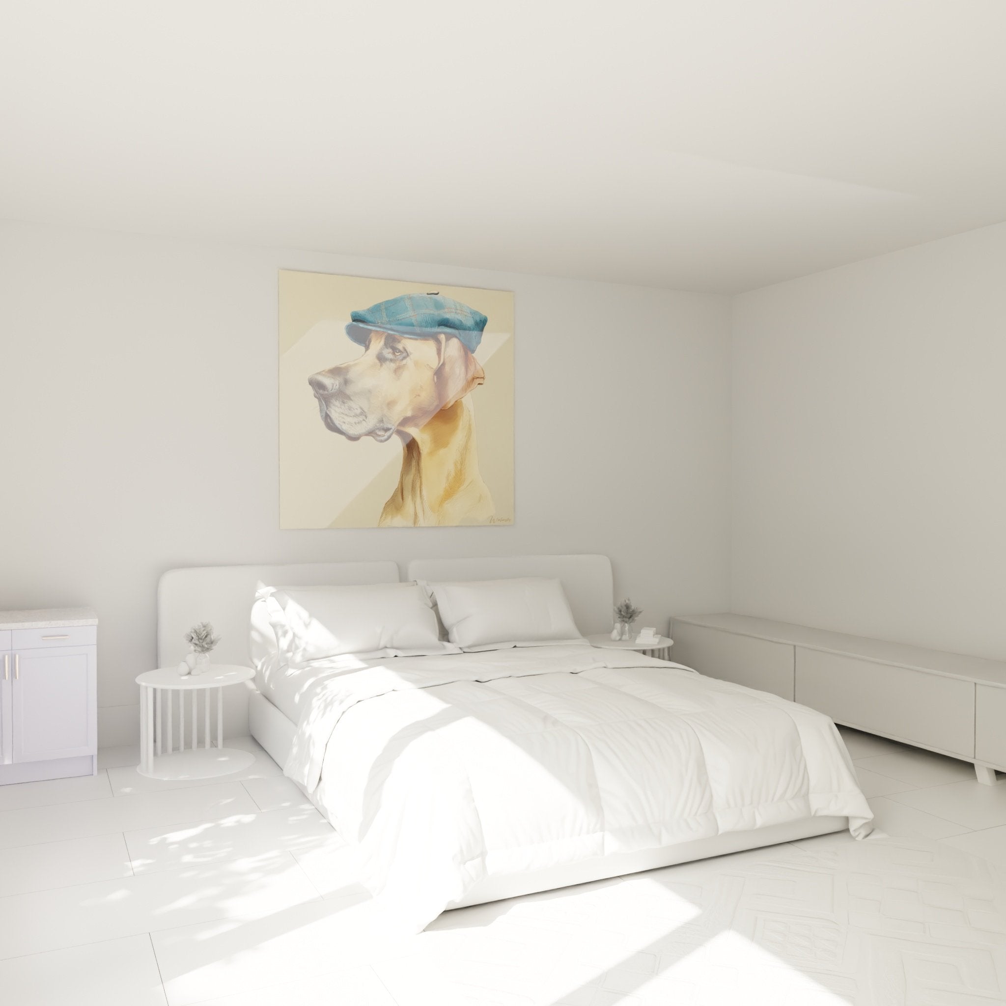 Tableau Dogue Allemand distingué au béret exposé dans chambre moderne aux tons doux