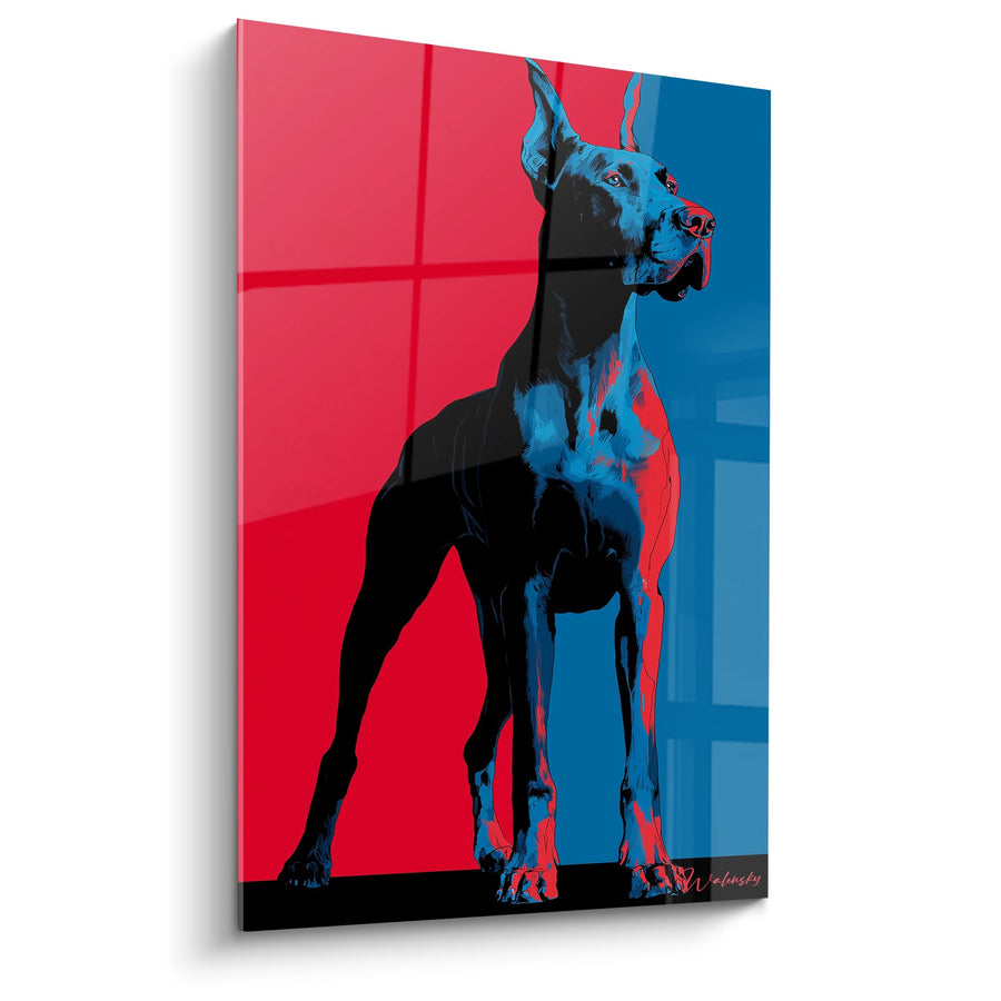 Tableau Dogue Allemand Bleu sur Fond Géométrique Rouge - Regard Majestueux - Edition Dogue Allemand