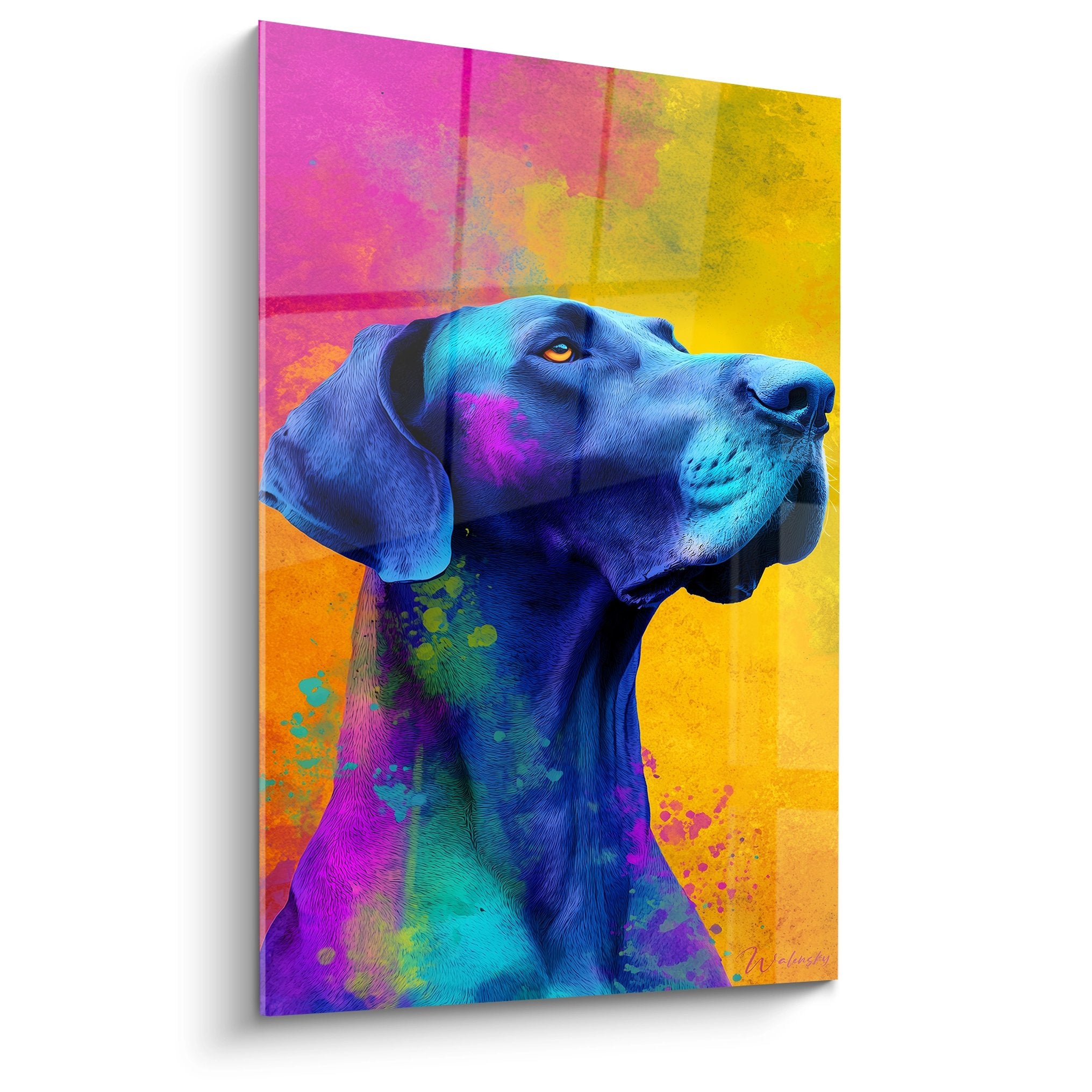 Tableau portrait Dogue Allemand bleu électrique avec éclaboussures colorées roses jaunes sur fond dégradé multicolore