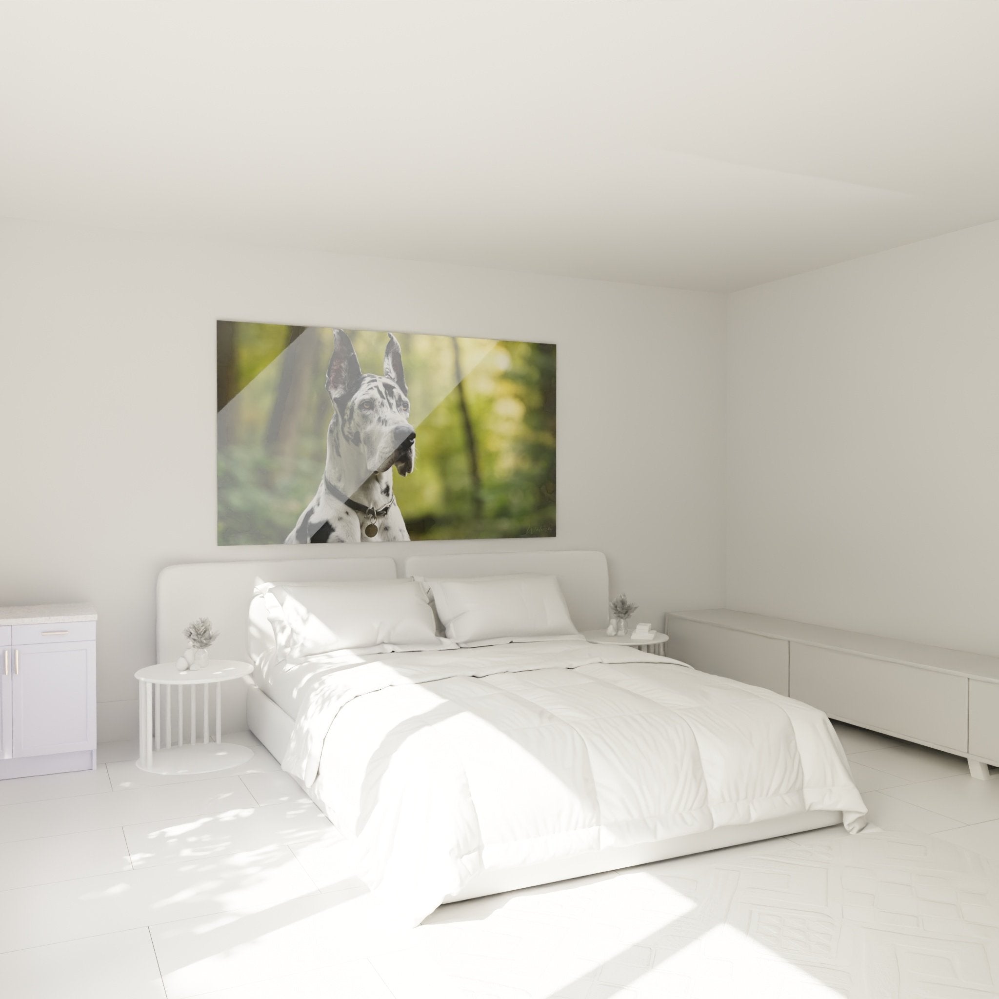 Tableau Dogue Allemand arlequin noir et blanc decorant chambre moderne aux tons neutres
