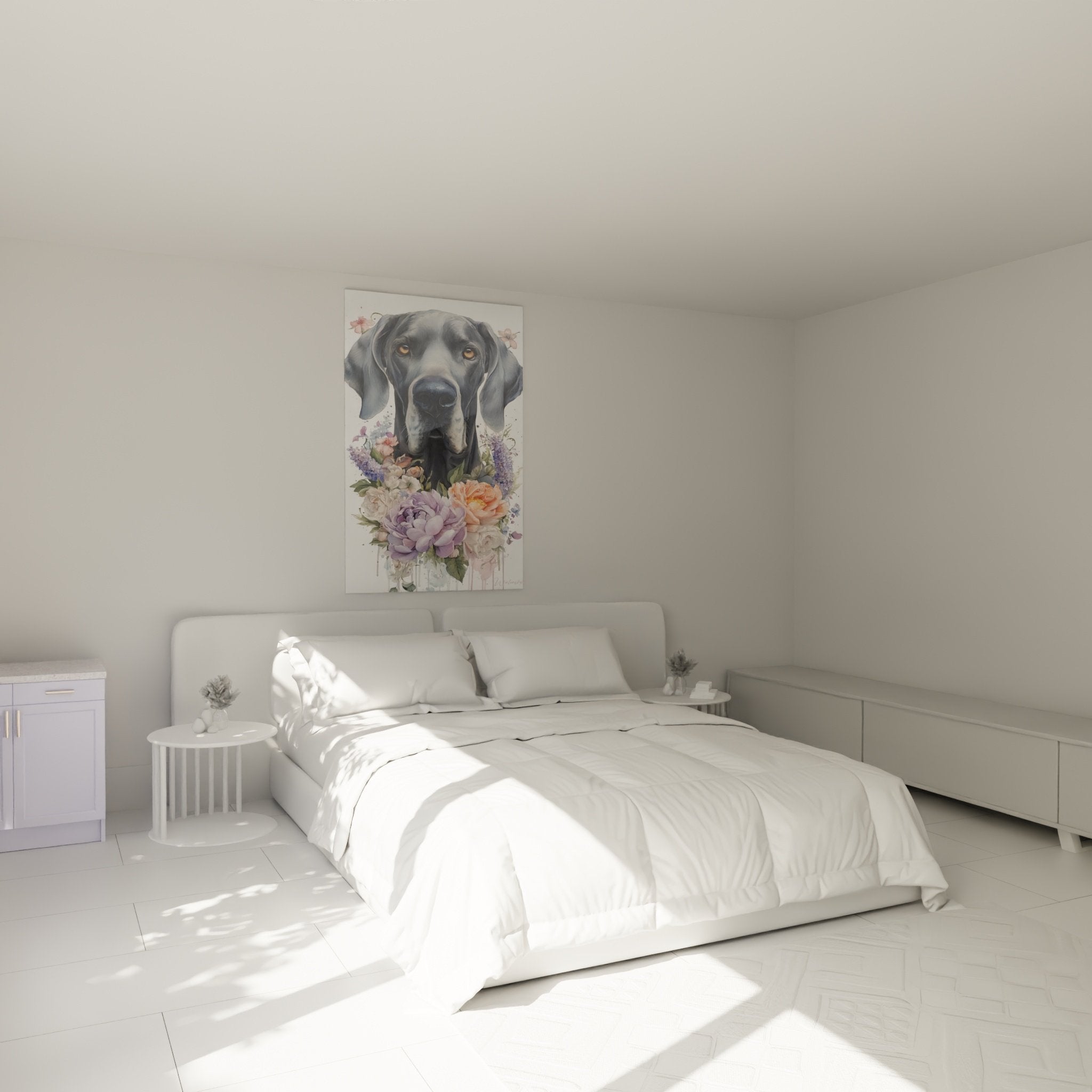 Tableau dogue allemand fleurs pastel decore chambre parentale mur blanc mobilier epure ambiance romantique