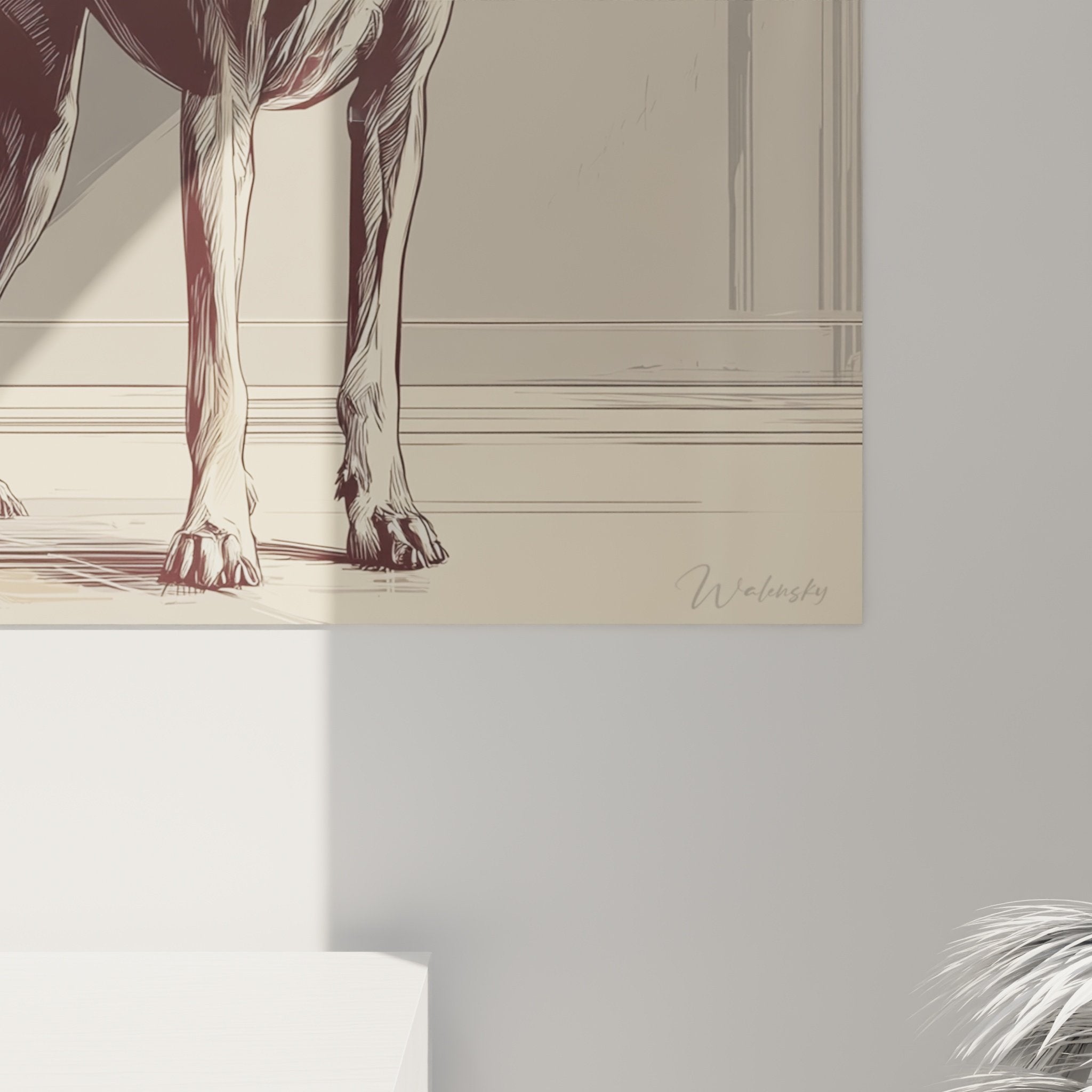 Übersicht des Deutsche Dogge Kunstdrucks in einem zeitgenössischen Interieur mit natürlicher Holzmöblierung