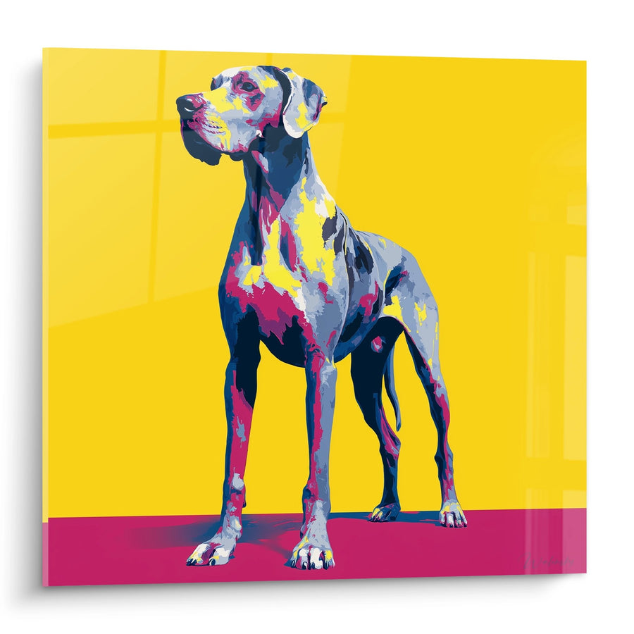 Tableau Dogue Allemand Coloré sur Fond Jaune Vif - Portrait Multicolore - Edition Dogue Allemand