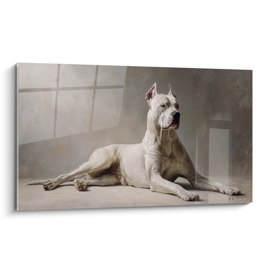 Tableau Dogue Argentin Blanc Allongé dans Intérieur Lumineux - Élégance Canine - Edition Dogue Argentin