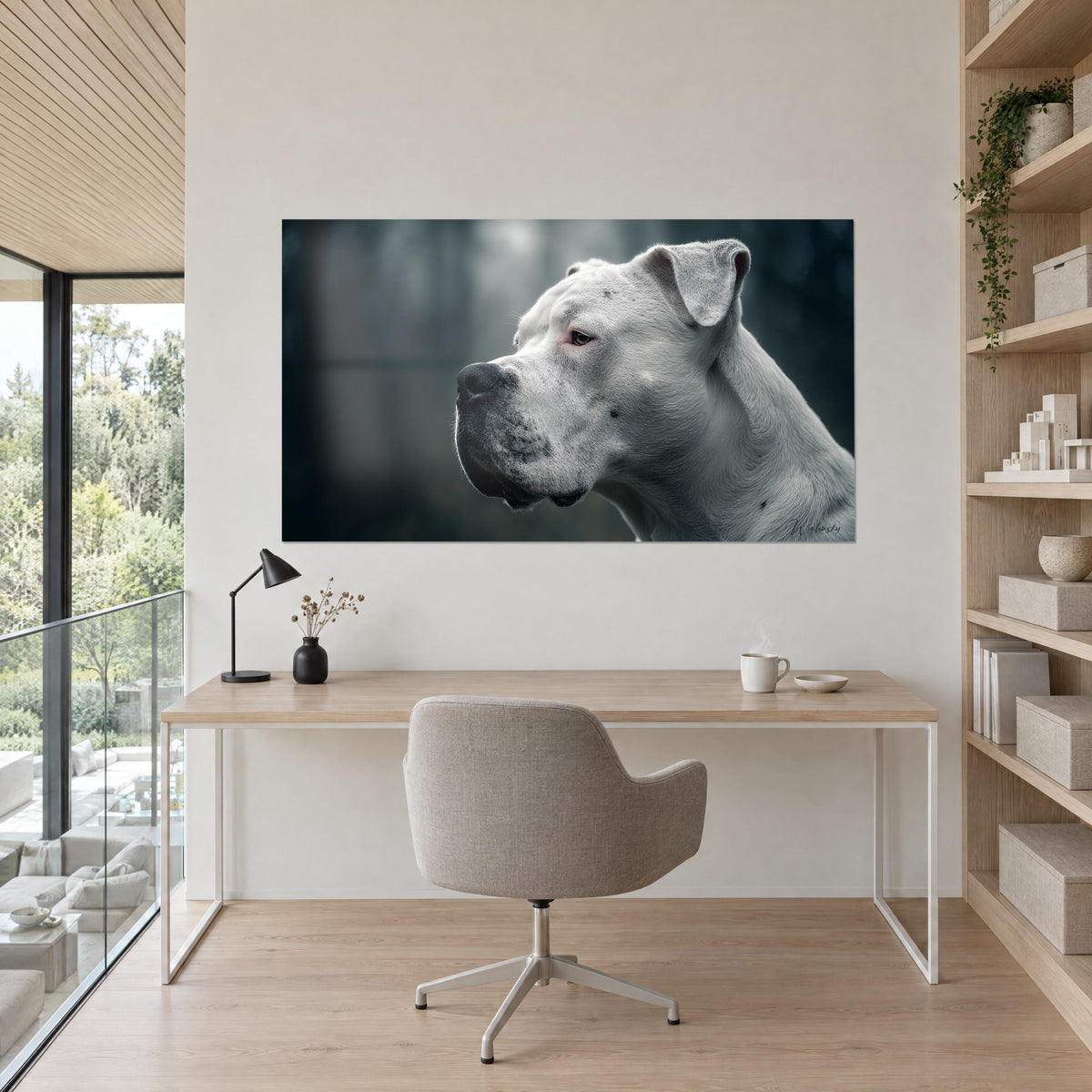 Wall art of a Dogo Argentino head, off-white fur with grey shadows, light wood desk, black lamp and bookshelf