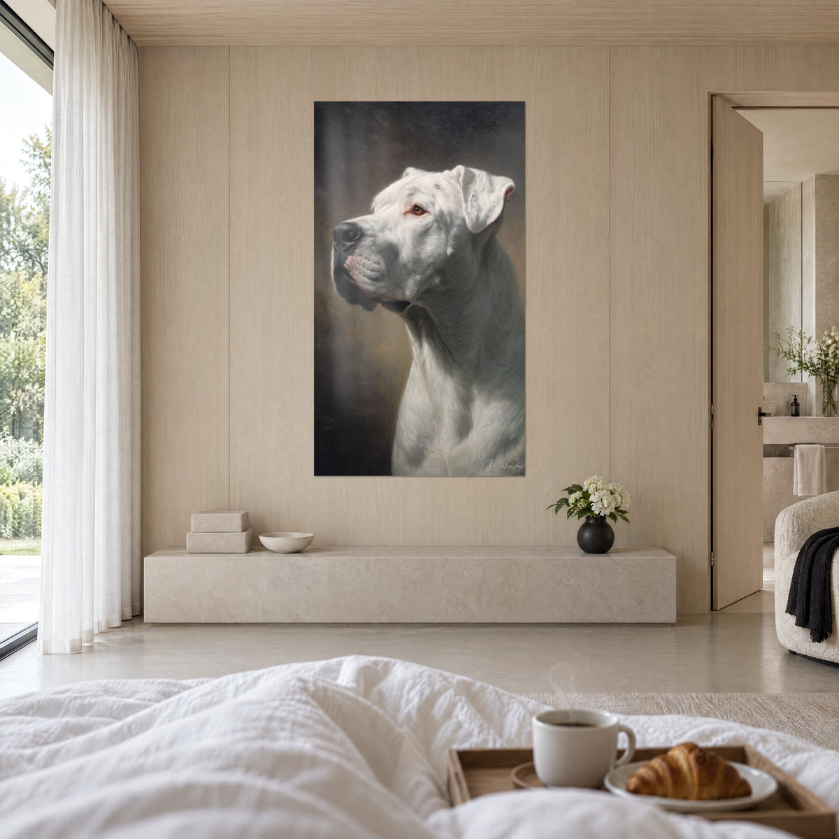Wall art immaculate mastiff with a noble gaze, rosy ear, golden brown background, light beige walls, above a bed in a bright bedroom