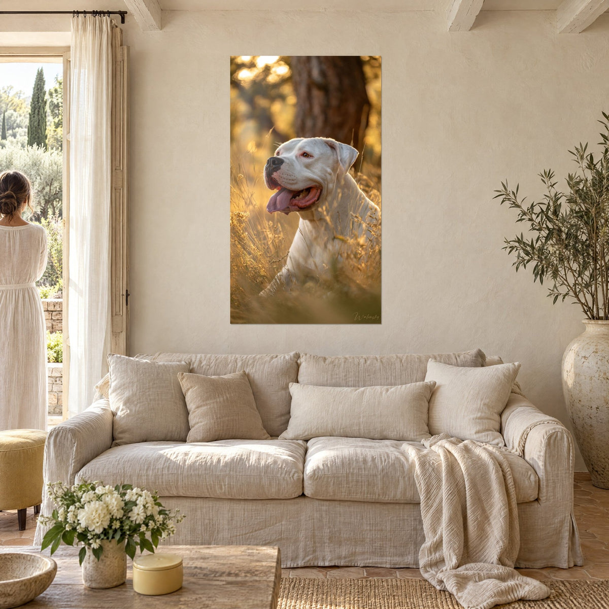 Tableau dogue argentin blanc, langue rose pendante, assis dans l'herbe dorée à contre-jour, au-dessus d'un canapé dans un salon lumineux