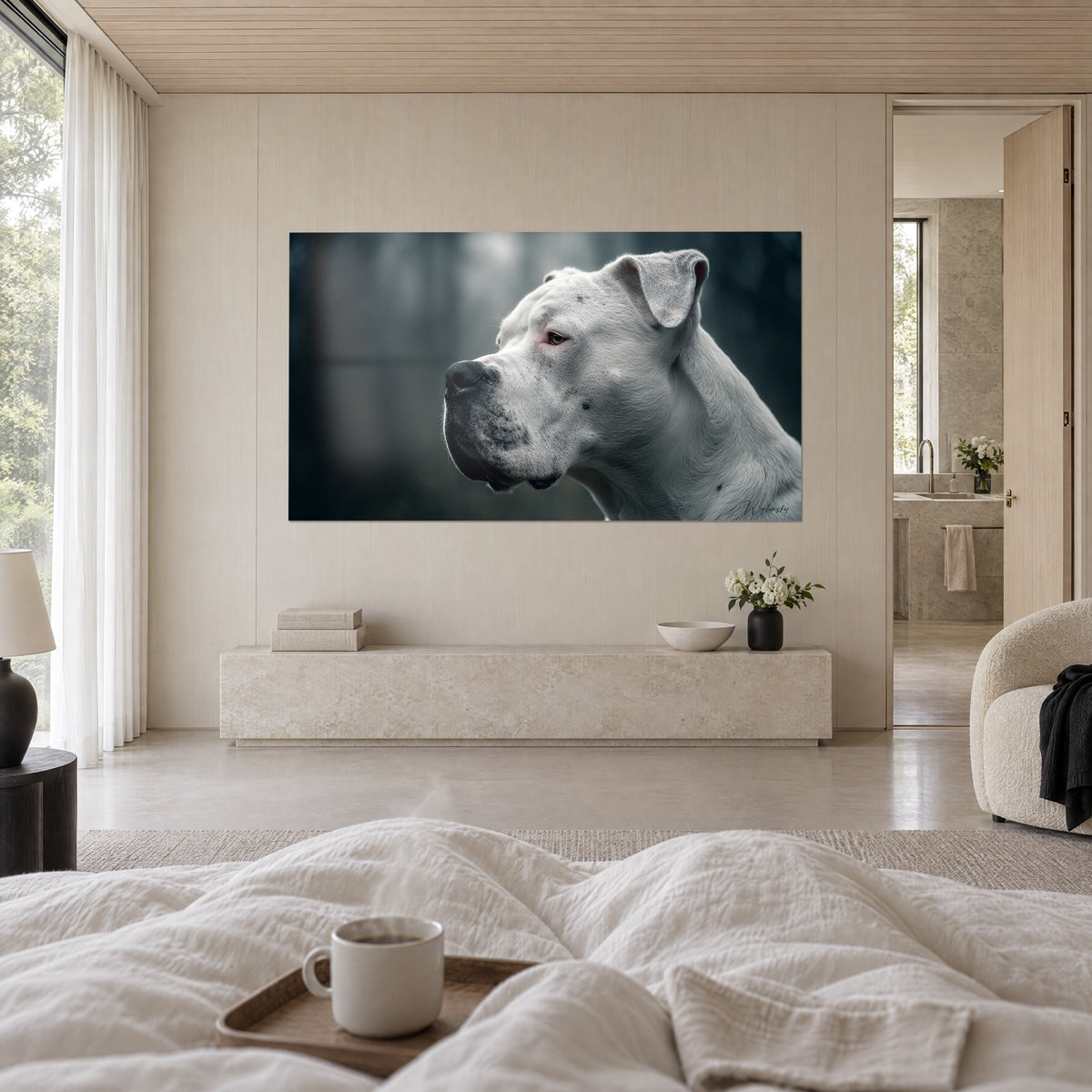 Wall art of a massive white dog whose amber eye gazes toward the horizon, slate grey background, above a bed in a bright bedroom
