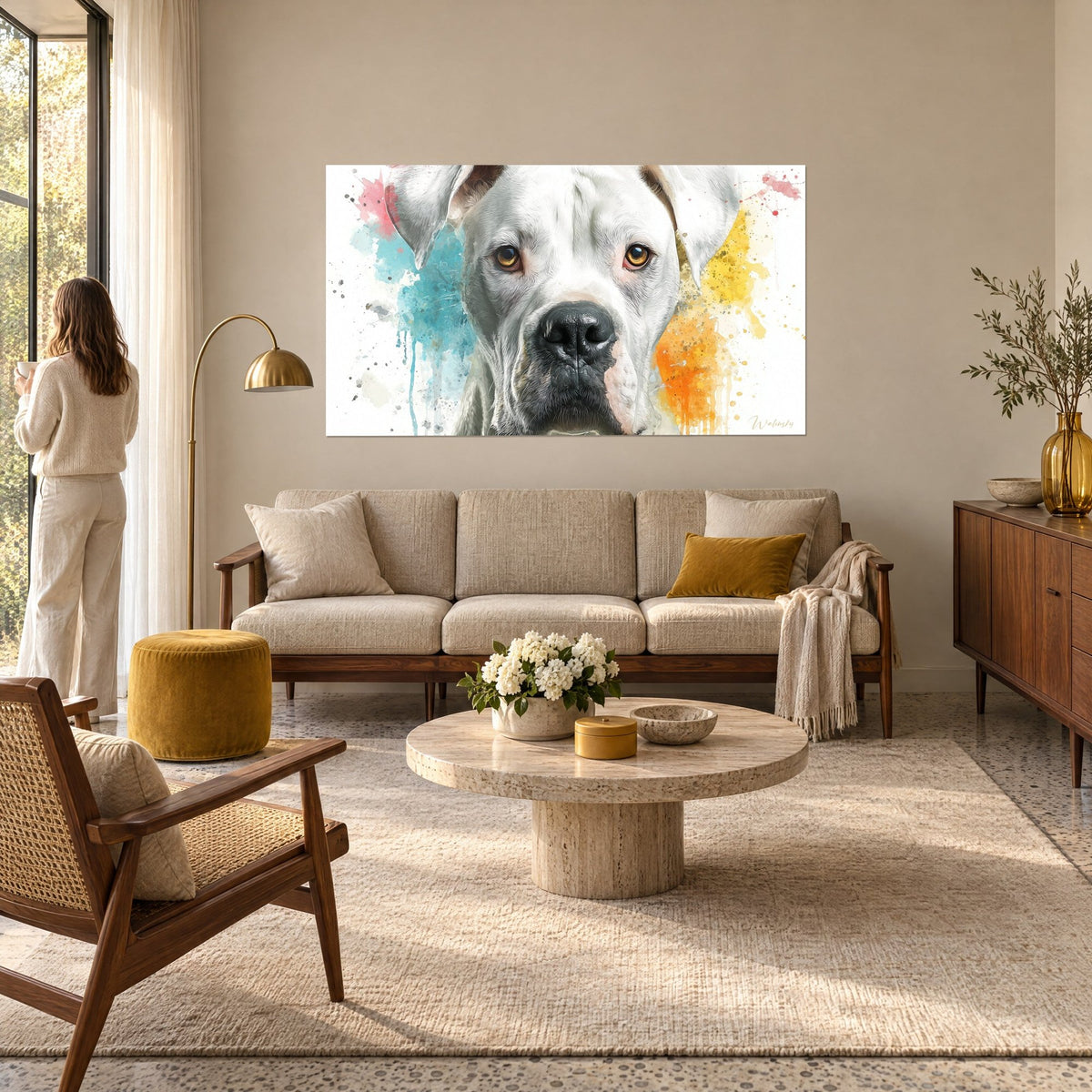 Tableau dogue argentin blanc aux yeux ambrés, éclaboussures turquoise et jaune, femme de dos au-dessus d'un canapé dans un salon lumineux