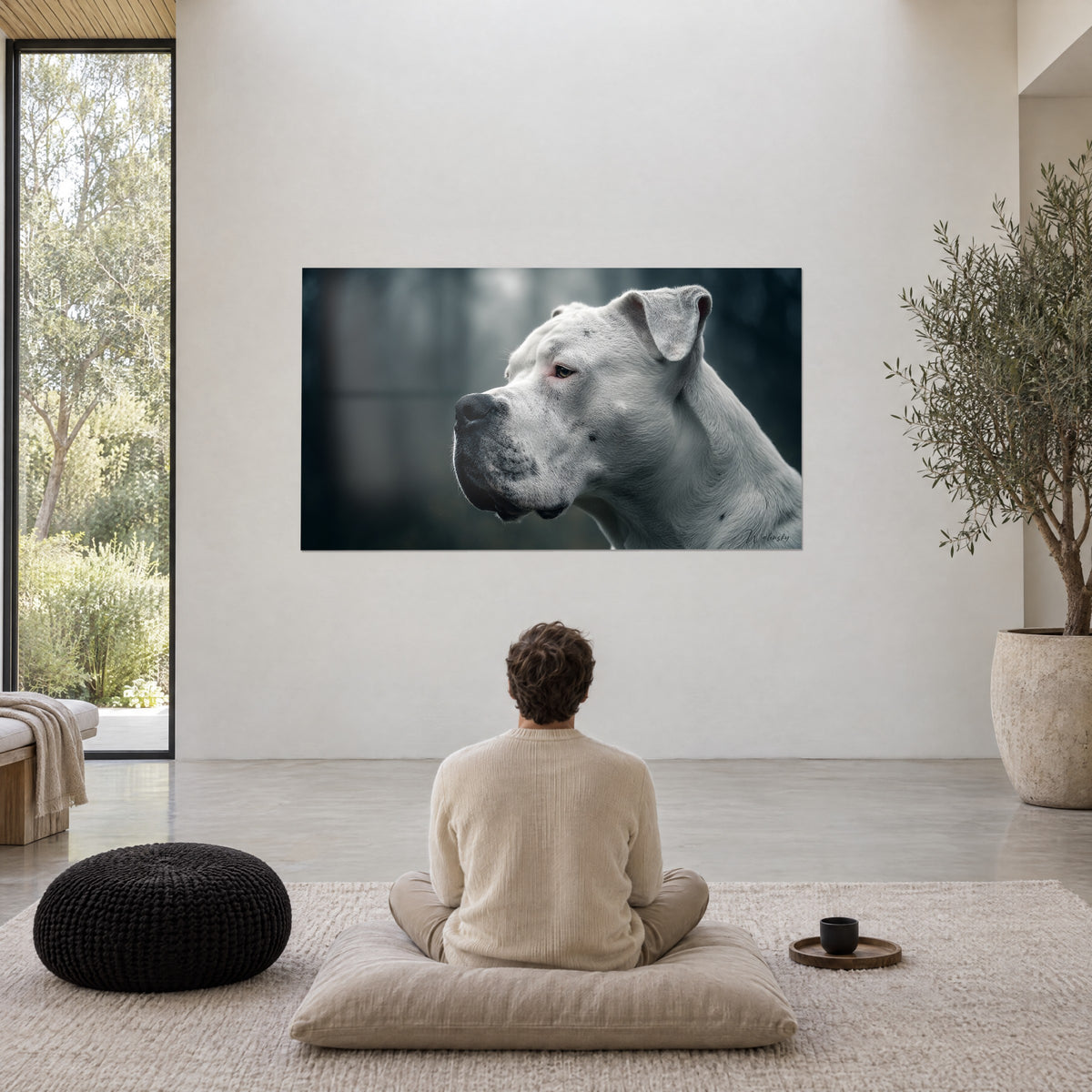 Wall art of a white molosser in sculptural profile, dark eye and bluish forest background, in front of a person meditating from behind on a cushion