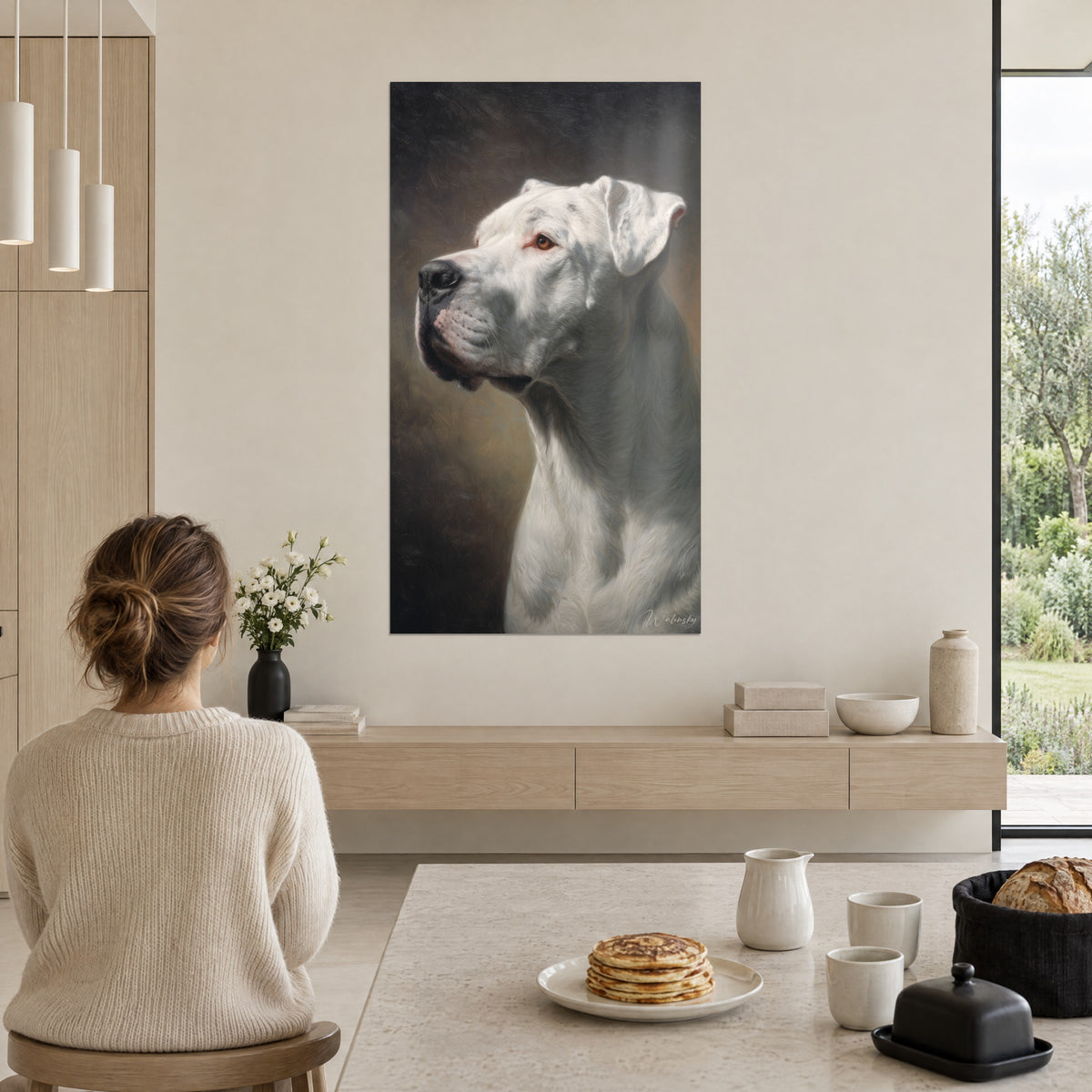 Wall art dogue head in chiaroscuro, black nose and amber iris on a sepia background, young woman seen from behind, breakfast table