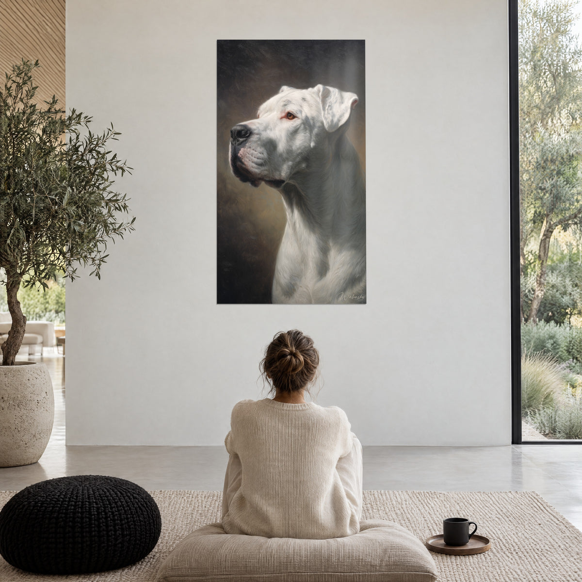 Wall art majestic white dogue with a powerful neck, grey shadows and cream highlights, woman seen from behind seated on a pouf, floor-to-ceiling window