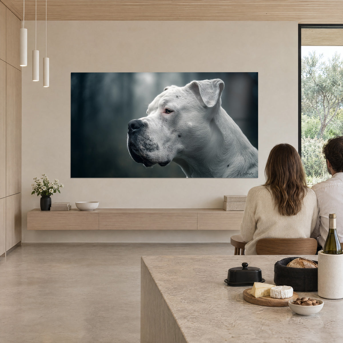 Wall art of a white mastiff in close-up, black muzzle and cream coat against blue-grey mist, facing two people seated at a table with their backs turned