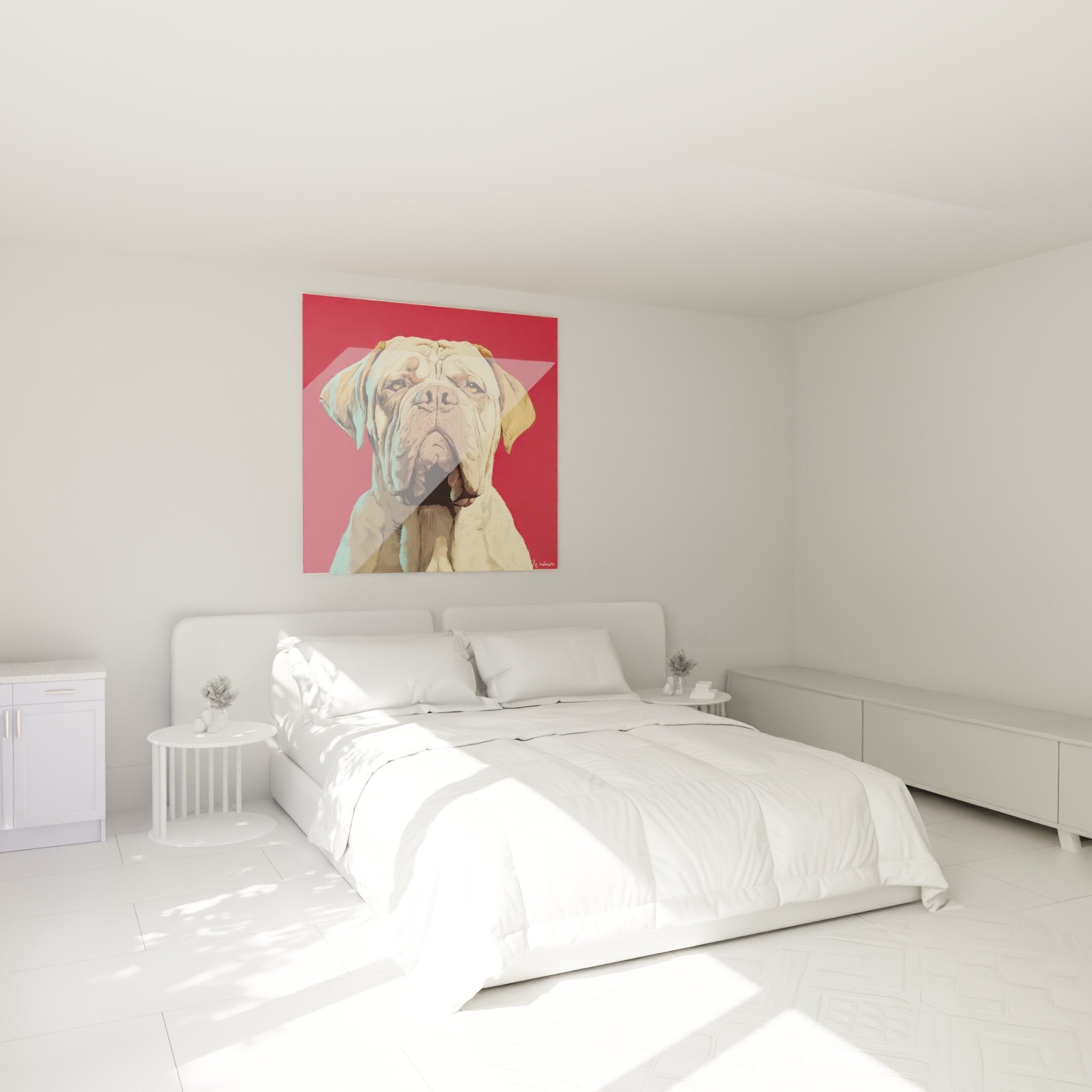 Tableau portrait Dogue de Bordeaux rose fuchsia accroché dans chambre moderne aux murs blancs