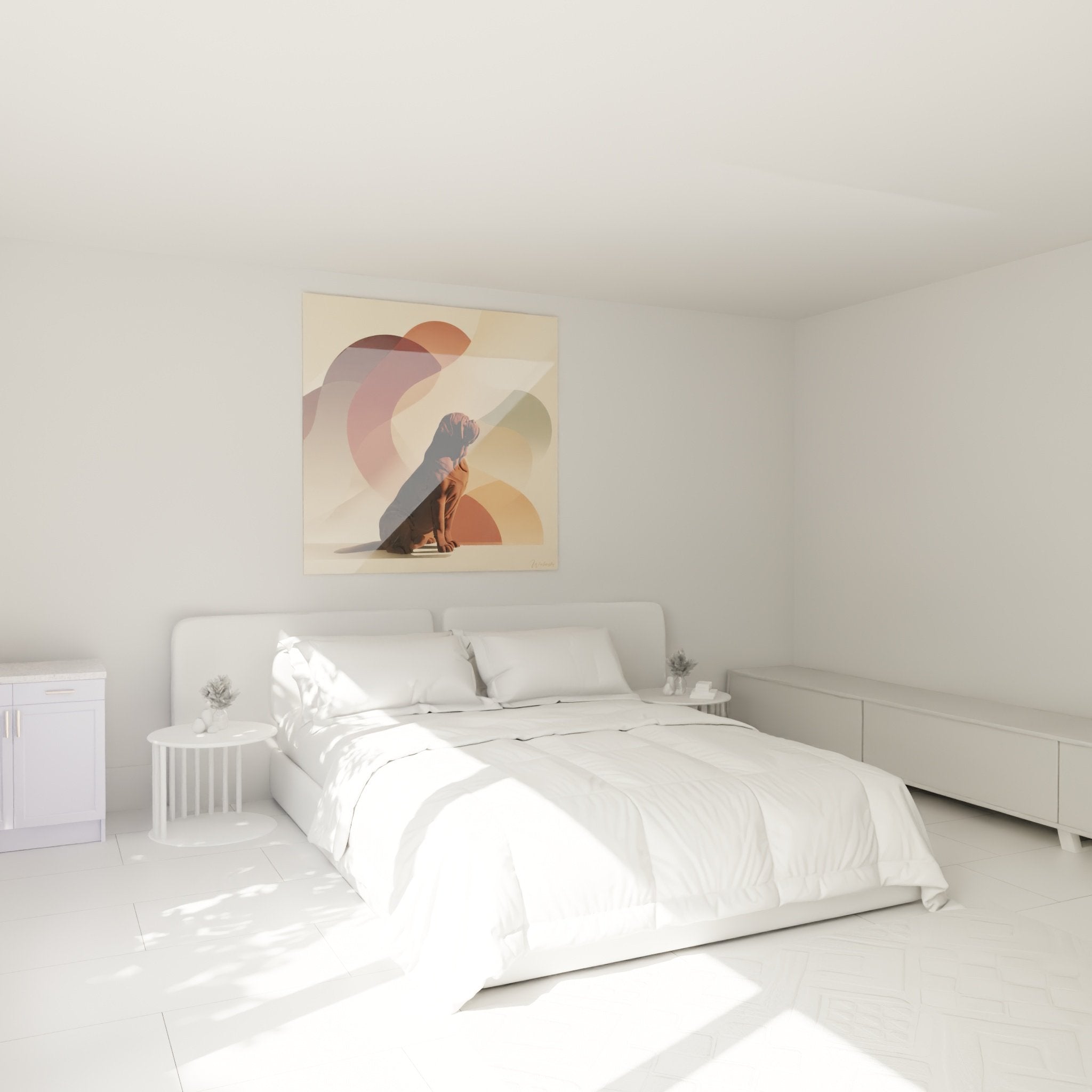 Tableau Dogue de Bordeaux contemplatif dans chambre moderne aux murs beiges et déco zen