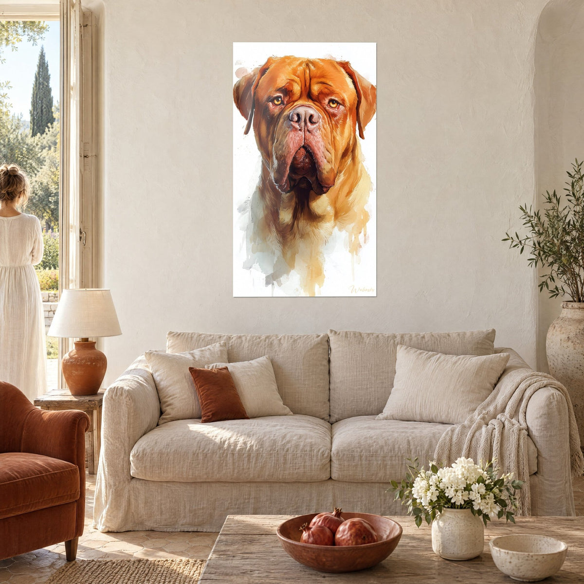 Tableau dogue de Bordeaux roux aux yeux ambrés, coulures d'aquarelle jaune, face à deux personnes, au-dessus d'un canapé dans un salon lumineux