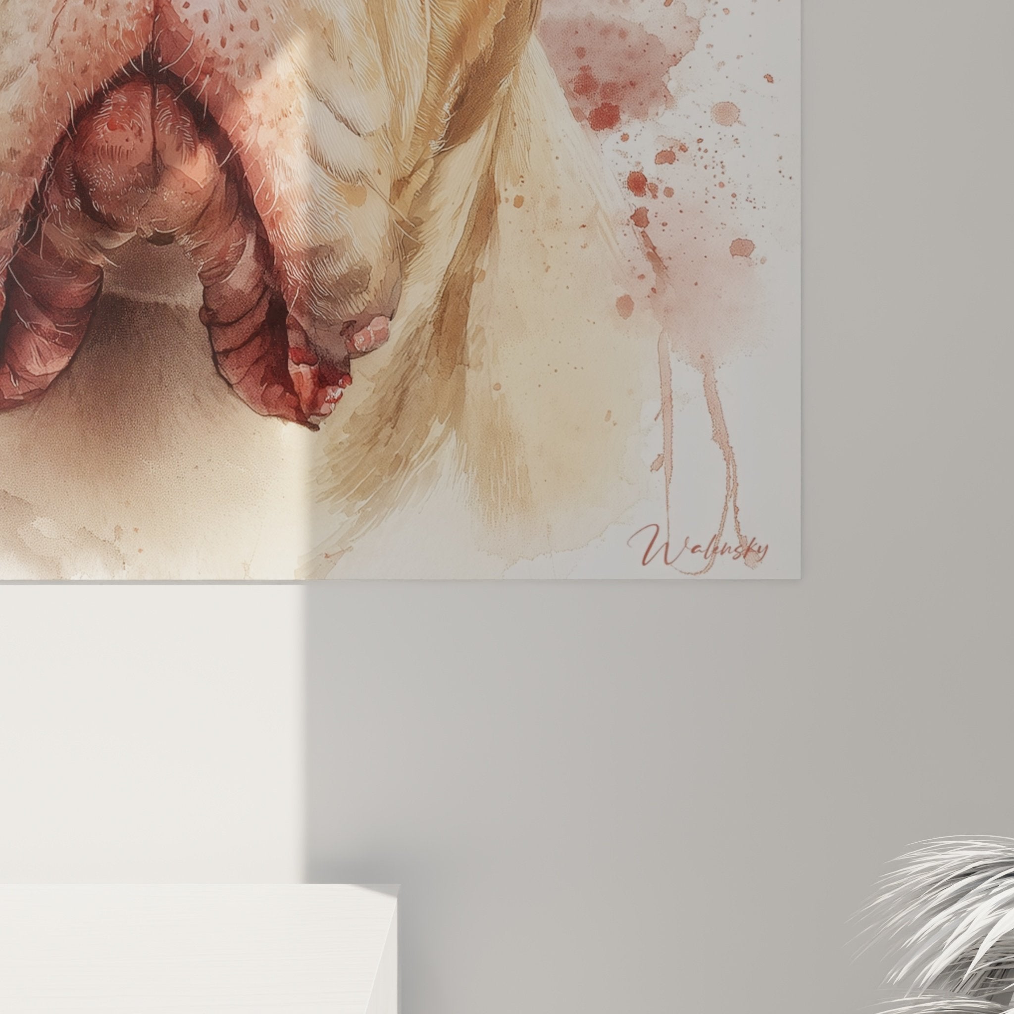 Gesamtansicht Porträtgemälde Bordeaux-Dogge fauve Inneneinrichtung Aquarellstil Hundekunst