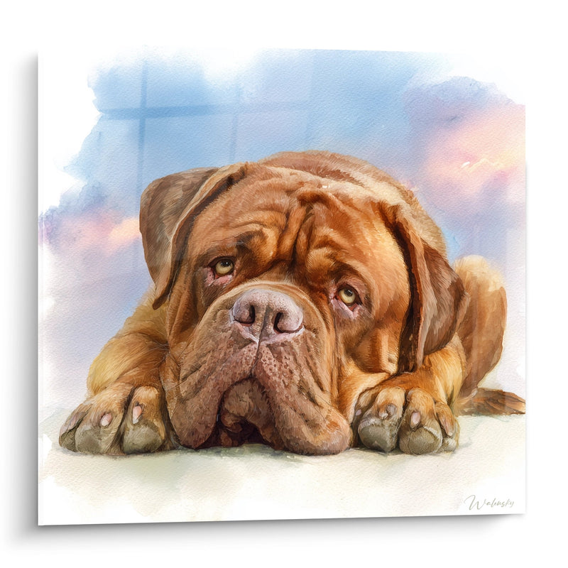 Kunstdruck Bordeaux Dogge Liegend in Orangetönen - Melancholischer Blick - Bordeaux Doggen Edition