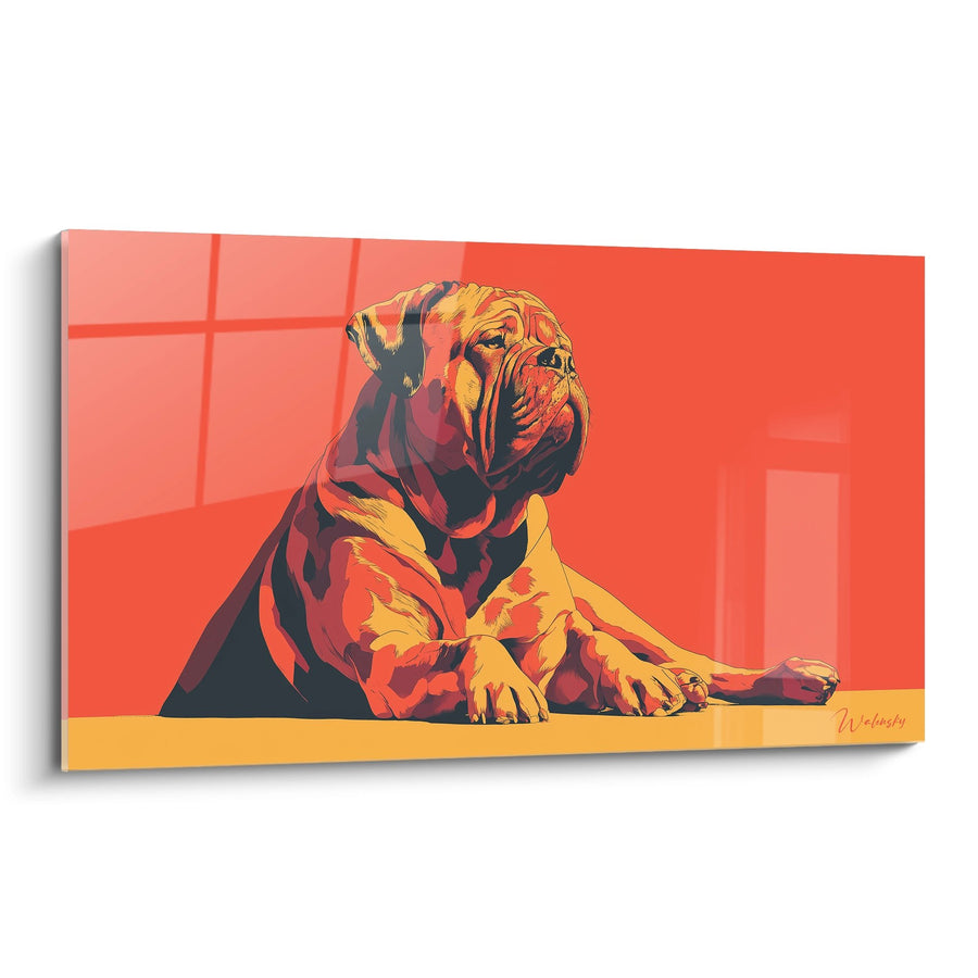 Tableau Dogue Allongé aux Tons Rouge et Jaune - Portrait Canin Moderne - Edition Dogue de Bordeaux