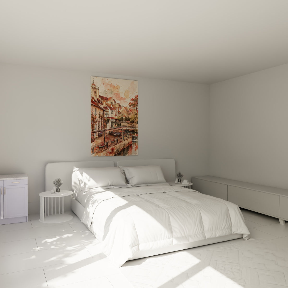 Village médiéval aquarelle aux tons pêche et terracotta accroché au-dessus d'un lit dans une chambre claire