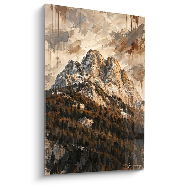 Tableau Pic rocheux ocre et anthracite forêt dense - Majesté alpine - Edition Dolomites Trentin-Haut-Adige Italie