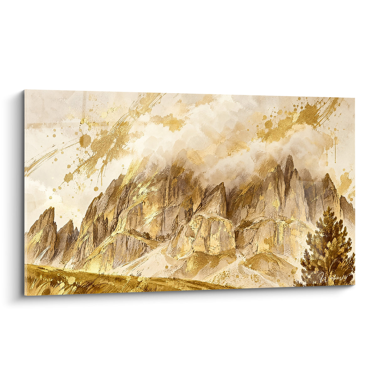 Tableau Dolomites Trentin-Haut-Adige, sommets rocheux dorés et bruns sous nuages ocre éclaboussés